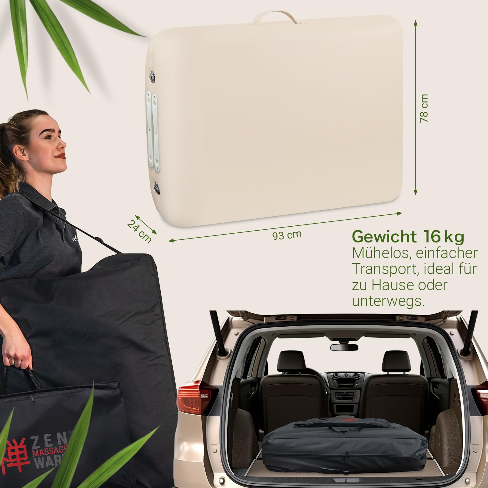 Zen – Mobile Round Corner Massageliege klappbar & höhenverstellbar – Vollholz Massagetisch mit abgerundeten Ecken für aktive Massagestile – Massagebank mit Kopfteil, Armlehnen & Tasche (Creme)