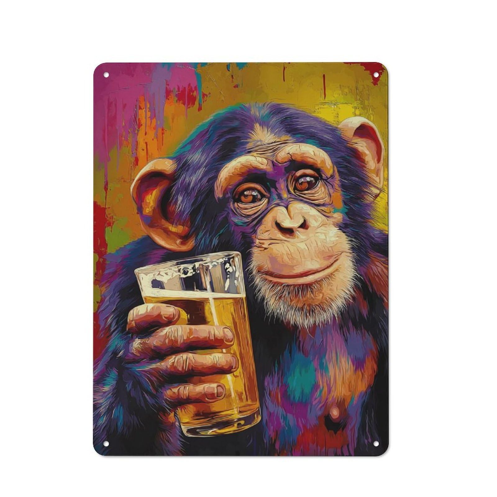 Chimpanzee Enjoying A Glass of Beer Retro Metal Wall Decor 40x30cm, Tin Wall Sign for Bakery, Diner, Cafe Or Family Room