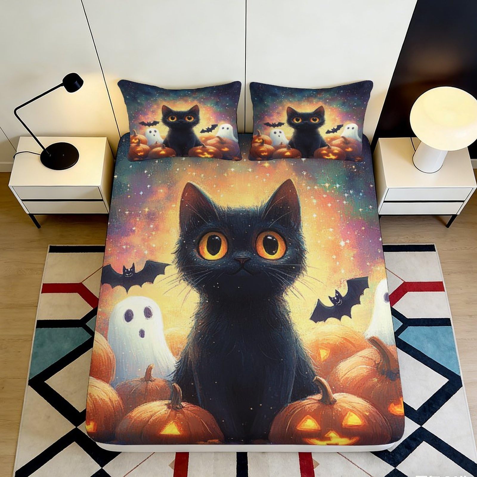3D Printed Halloween Black Cat Fitted Sheet Microfiber Pumpkin Ghost Mattress Cover for Bedroom Dorm Easy Care 140x200x25cm