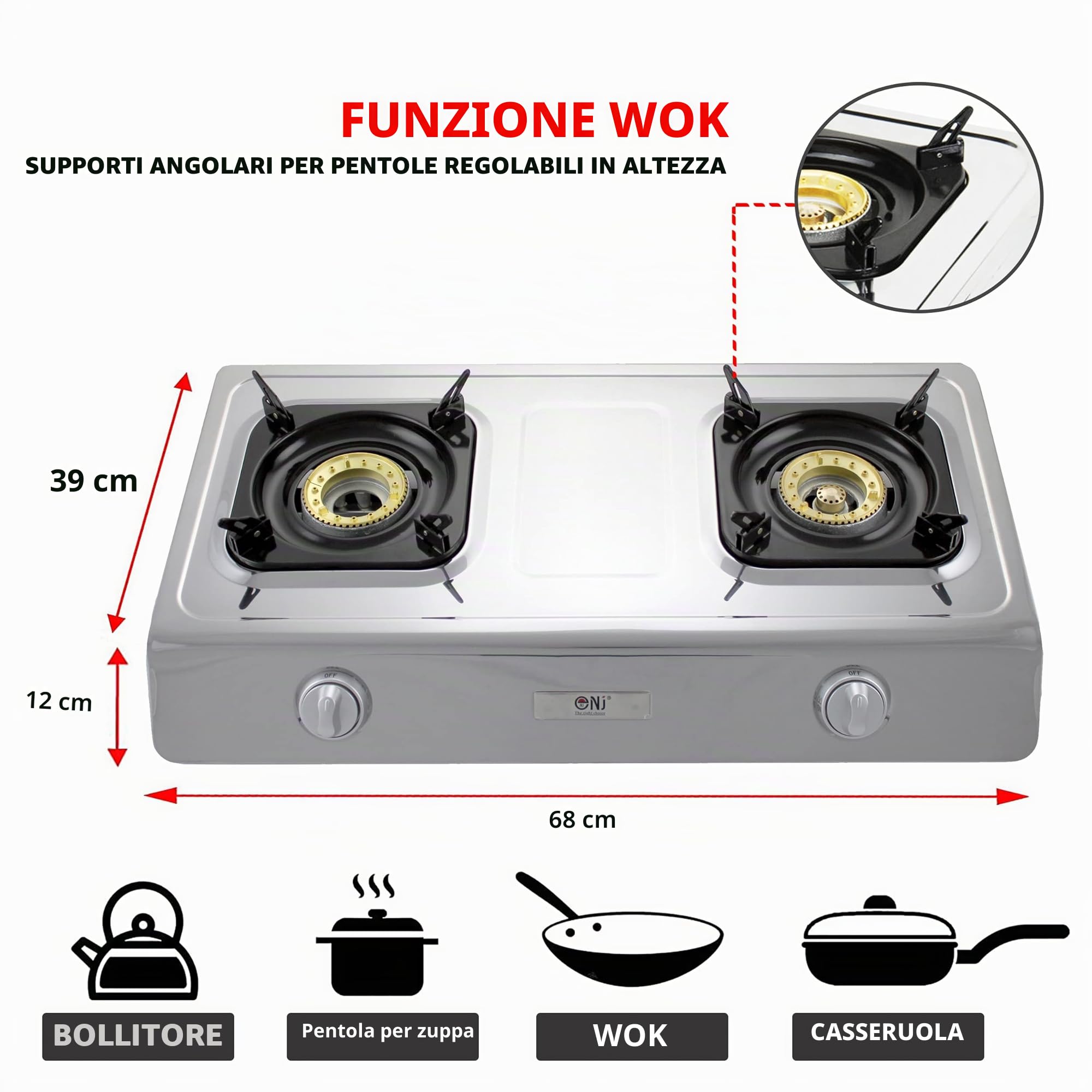 NJ NGB-200 Fornello a Gas Portatile 2 Fuochi Inox per Campeggio