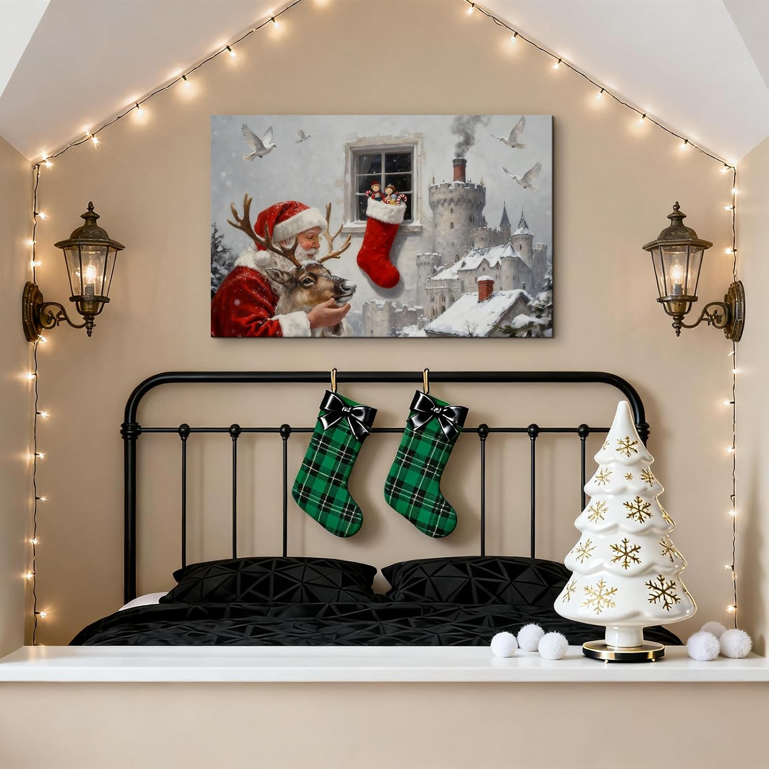 Vintage Santa Reindeer Framed Canvas Wall Art, Rustic Winter Stocking with Toys Doves Castle Pictures Wall Decor Country Nature Holiday Prints for Bedroom Farmhouse 12x16inch