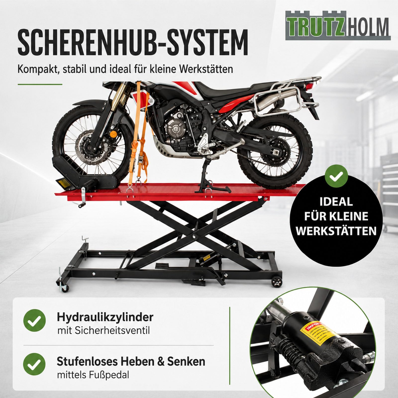 TRUTZHOLM Motorradhebebühne hydraulisch Tragkraft 560 kg Schwerlast Scherenheber Hubbereich 19-84 cm Nutzbreite 60 cm abnehmbare Auffahrrampe 4 Halteösen 45° Vorderradklemmung Hebebühne (Rot)
