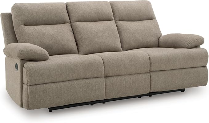 Signature Design by Ashley Yarrow Lane Classic Chenille Manual Pull Tab Reclining Sofa with Drop Down Table and USB Charging, Light Brown