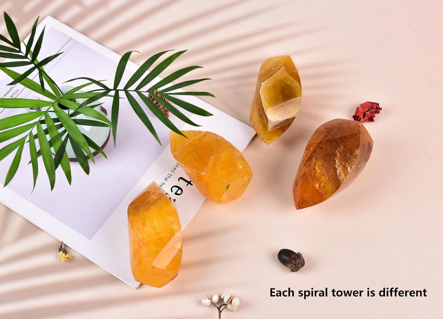 AMOYSTONE Small Flame-Shaped Orange Fluorite Tower with Spiral Point Design - Golden Orange Healing Crystal Decor forHome, Office, Meditation (0.6-1 LBS)