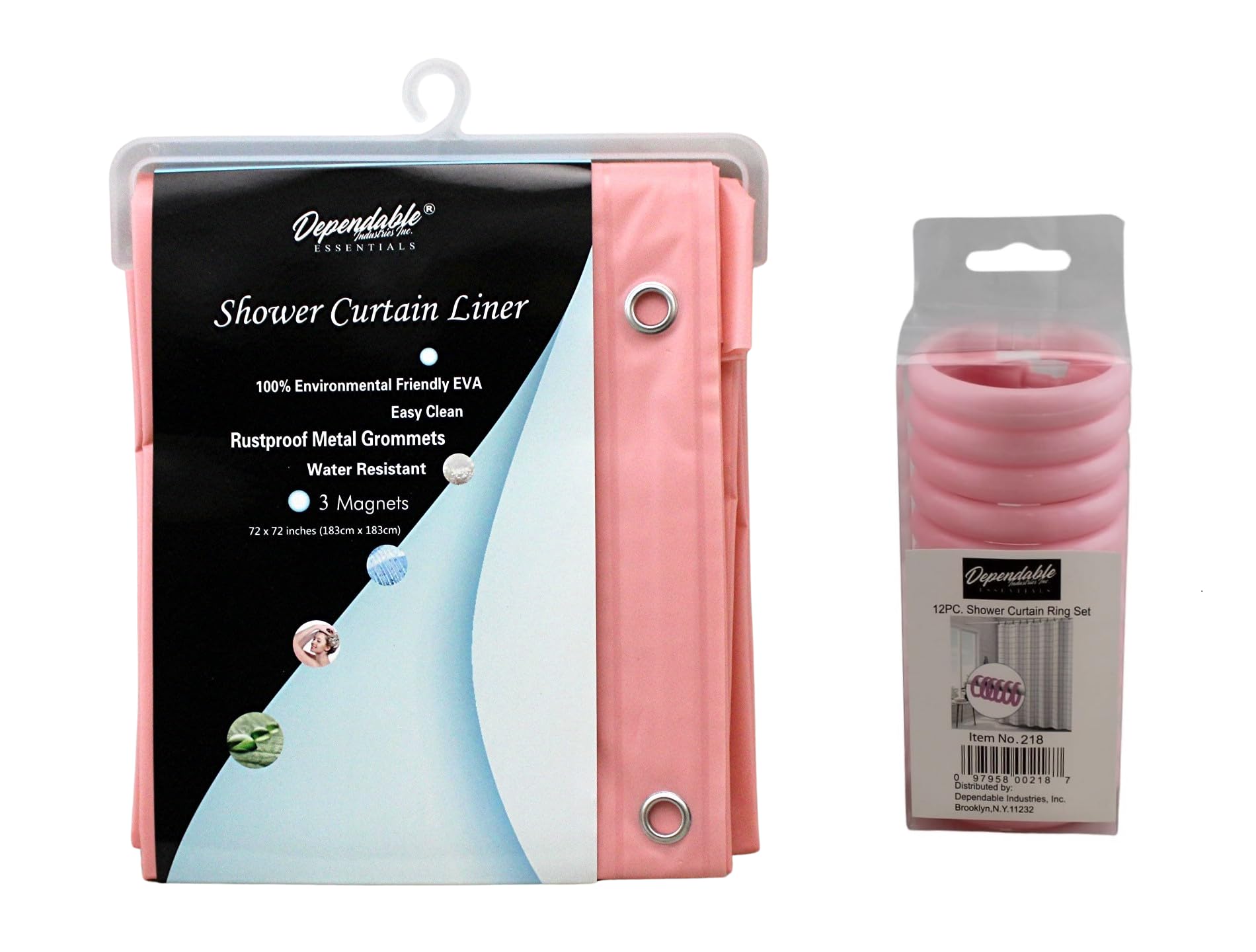 Pink Shower Curtain Liner with Matching 12 Piece Plastic Locking Round Hooks - Waterproof, Easy Gliding Curtain Rings - Fits All Standard Size Shower