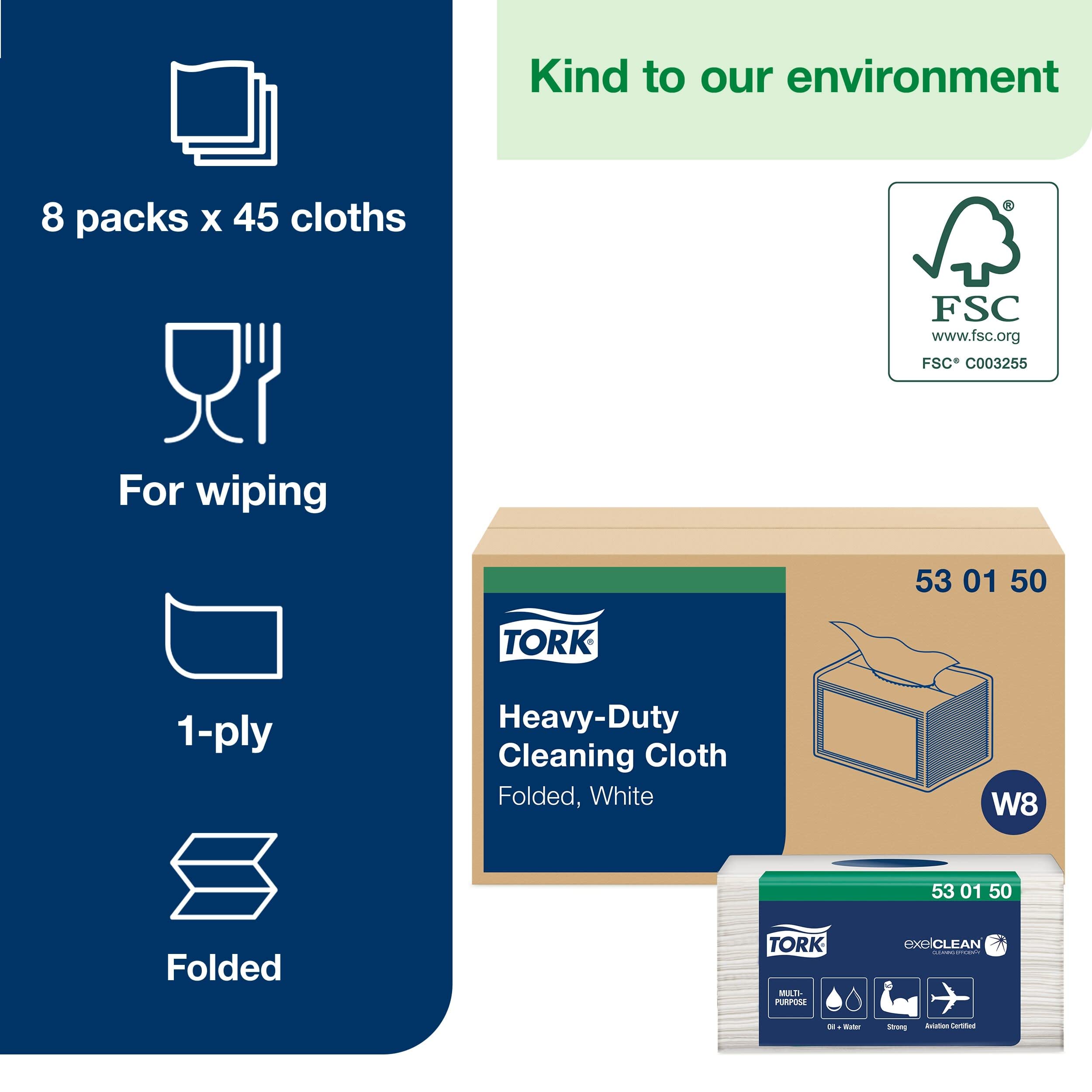 Tork 530150 Paño de limpieza ultrarresistente Premium/Papel multiuso compatible con el sistema W8 / 8 paquetes x 45 paños (360 piezas) / color blanco
