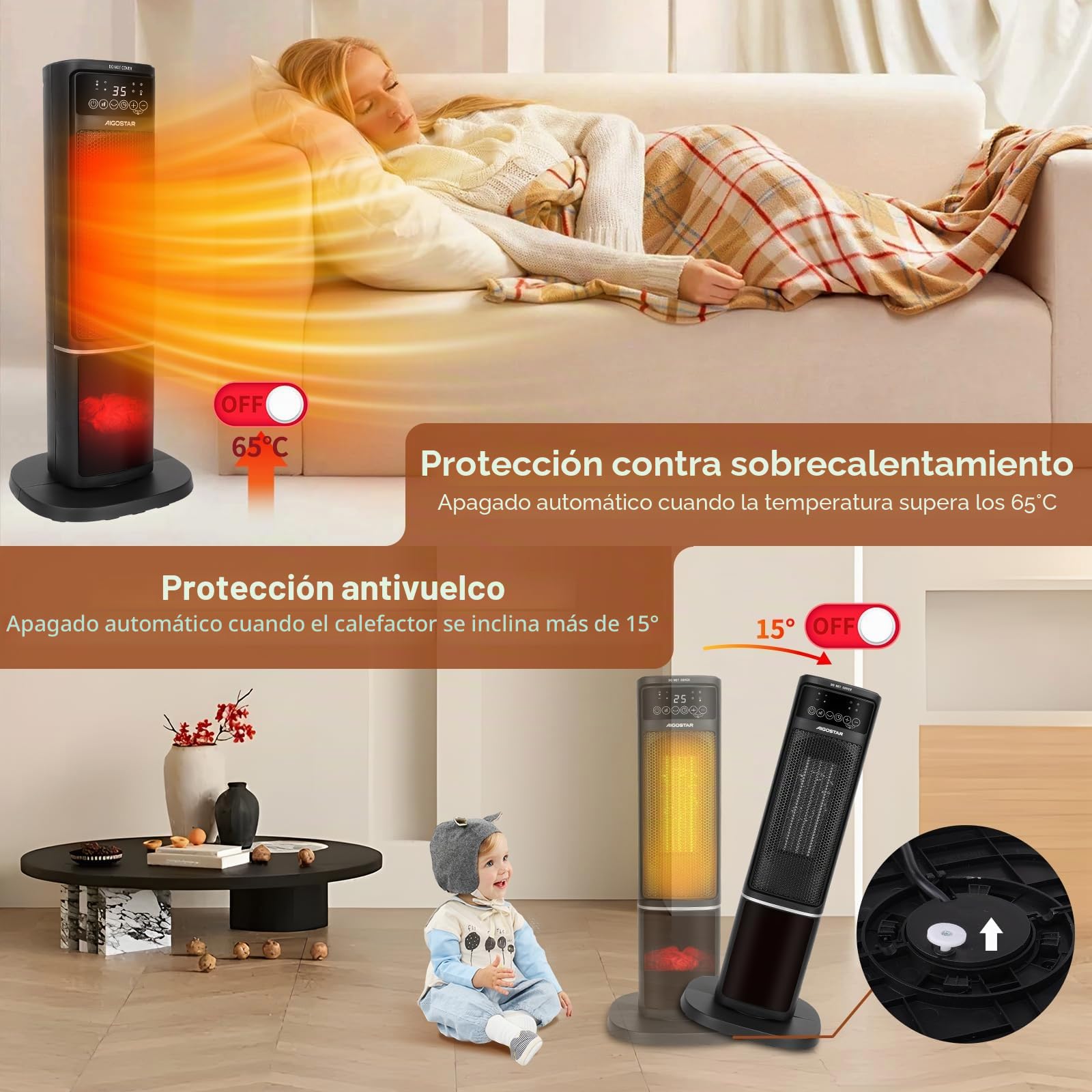 Aigostar Bert - Calefactor cerámico 2000W, Mando a distancia, Oscilación de 70°, 3 modos, ventilador. Calefactor de torre silencioso, Termostato, Temporizador 7,5 horas. Protección antivuelco