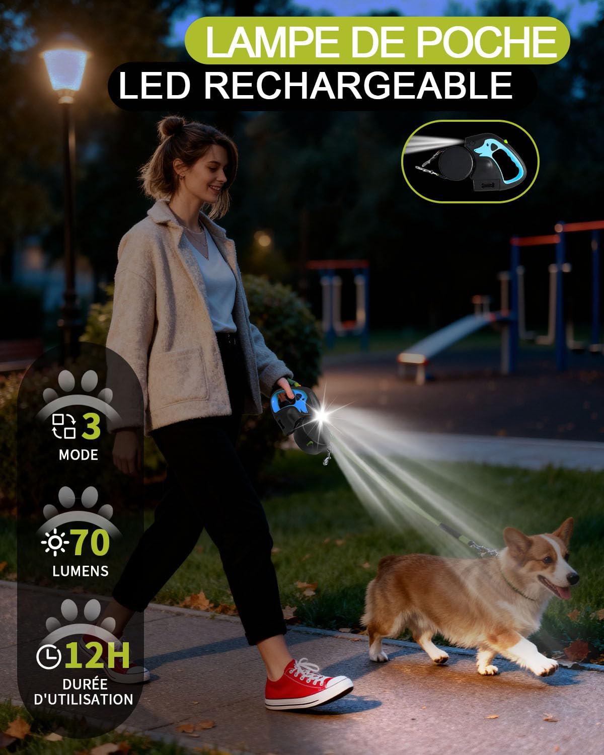 Laisse Double pour Chien Rétractable 3m, Rotation 360°, Promenade Facile pour 2 Chiens de Petite et Moyenne Taille, Poignée Antidérapante, Anti-Nœuds, LED et Distributeur de Sacs à Déchets, Bleu