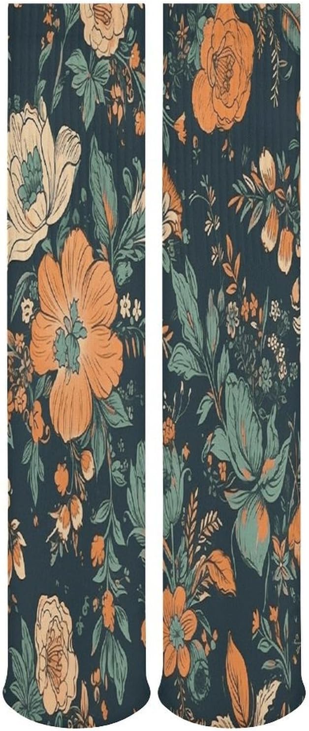 Orange And Green Flowers Crew Socks Cozy Casual Calf Socks Lightweight Long Work Sock Breathable Athletic Sock for Hiking Sports Running 5 Pairs