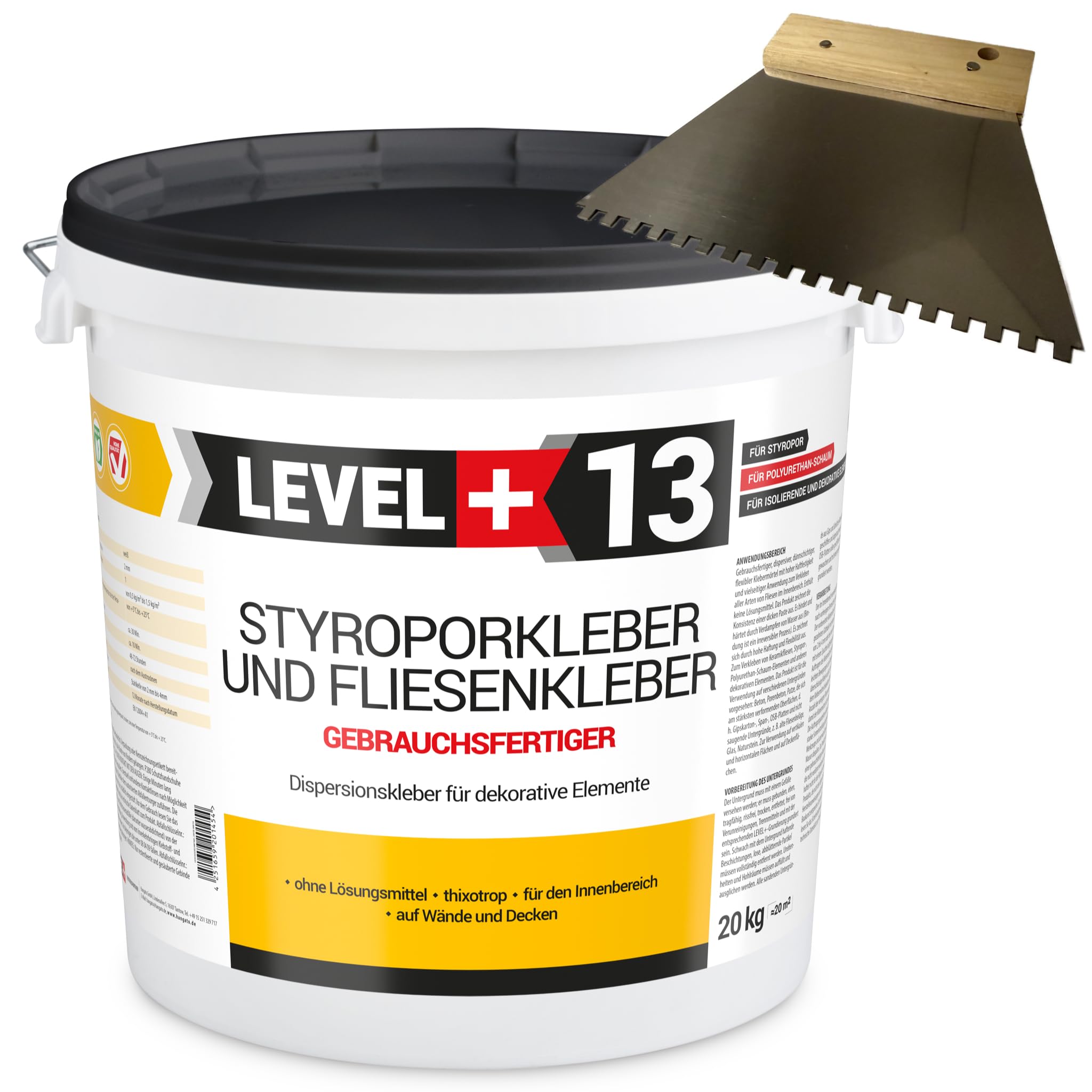 13 adesivi per polistirolo + spatola dentata da 4 mm, colla in sughero, colla a dispersione per elementi decorativi e polistirolo, set RM13 (20 kg)