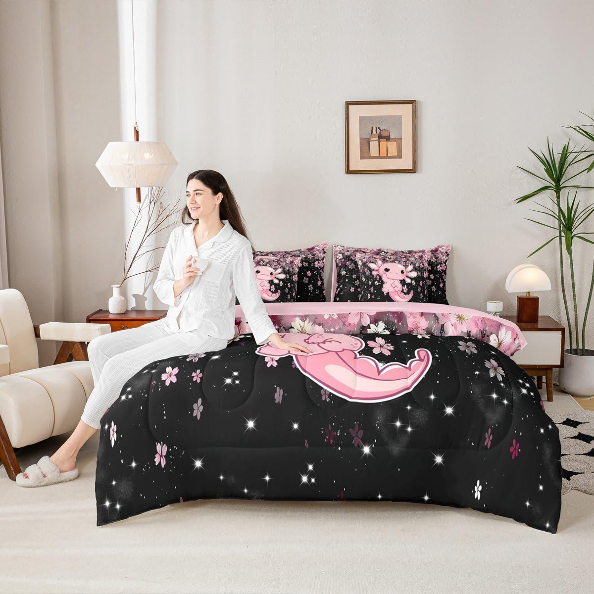 Cute Axolotl Twin Size Comforter Set with Sheets for Girl Cartoon Pink Axolotl 7-Piece Bedding Set for Kids Teens Kawaii Salamander Sea Ocean Animal Bed in a Bag Romantic Cherry Blossom Bed Quilt Sets