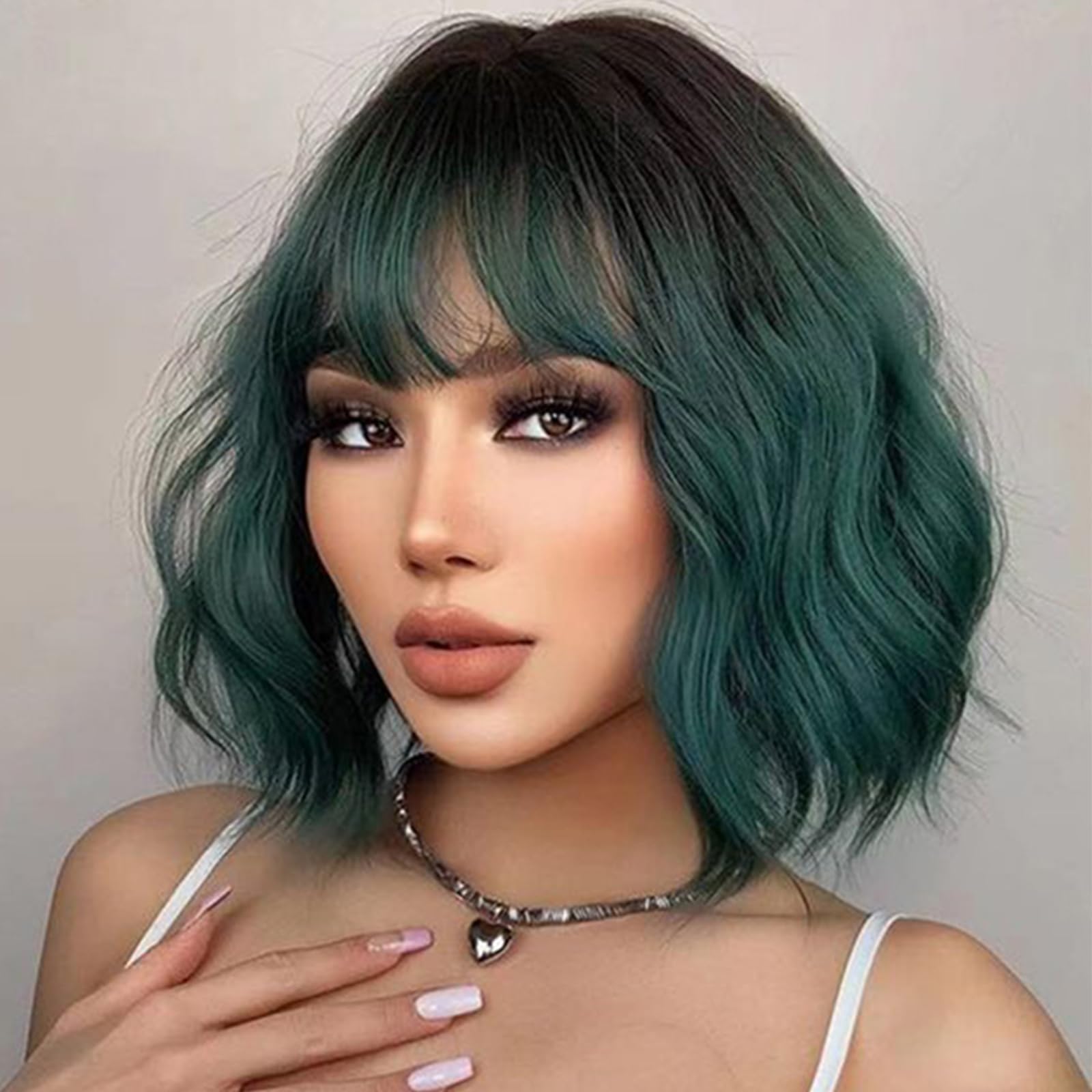 Green Wig Short Wavy Bob Wigs with Bangs for Women Green Ombre Wig Shoulder Length Synthetic Cosplay Ombre Green Colorful Wig for Daily Use