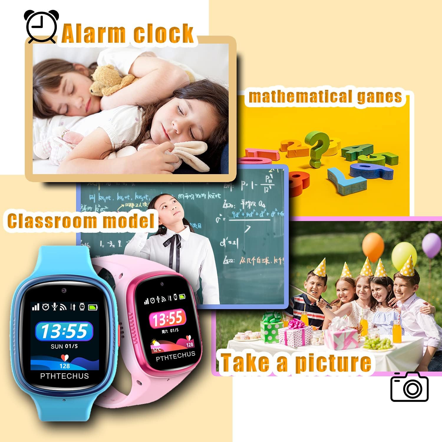 Collage que muestra las características del reloj inteligente para niños PTHTECHUS 4G: reloj despertador, juegos matemáticos, modo aula y función de cámara.