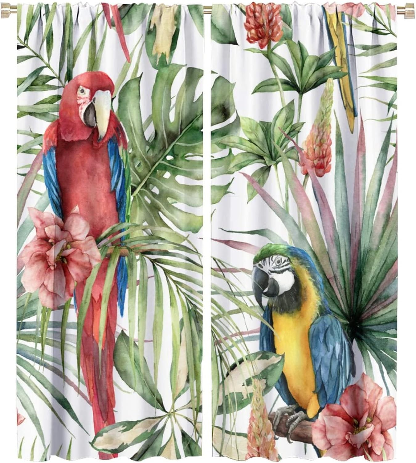 Parrot Window Curtain Tropical Palm Leaf Colorful Macaw Bird Watercolor Decor Window Drapes for Living Room Kitchen Bedroom 2 Panels 42x54in