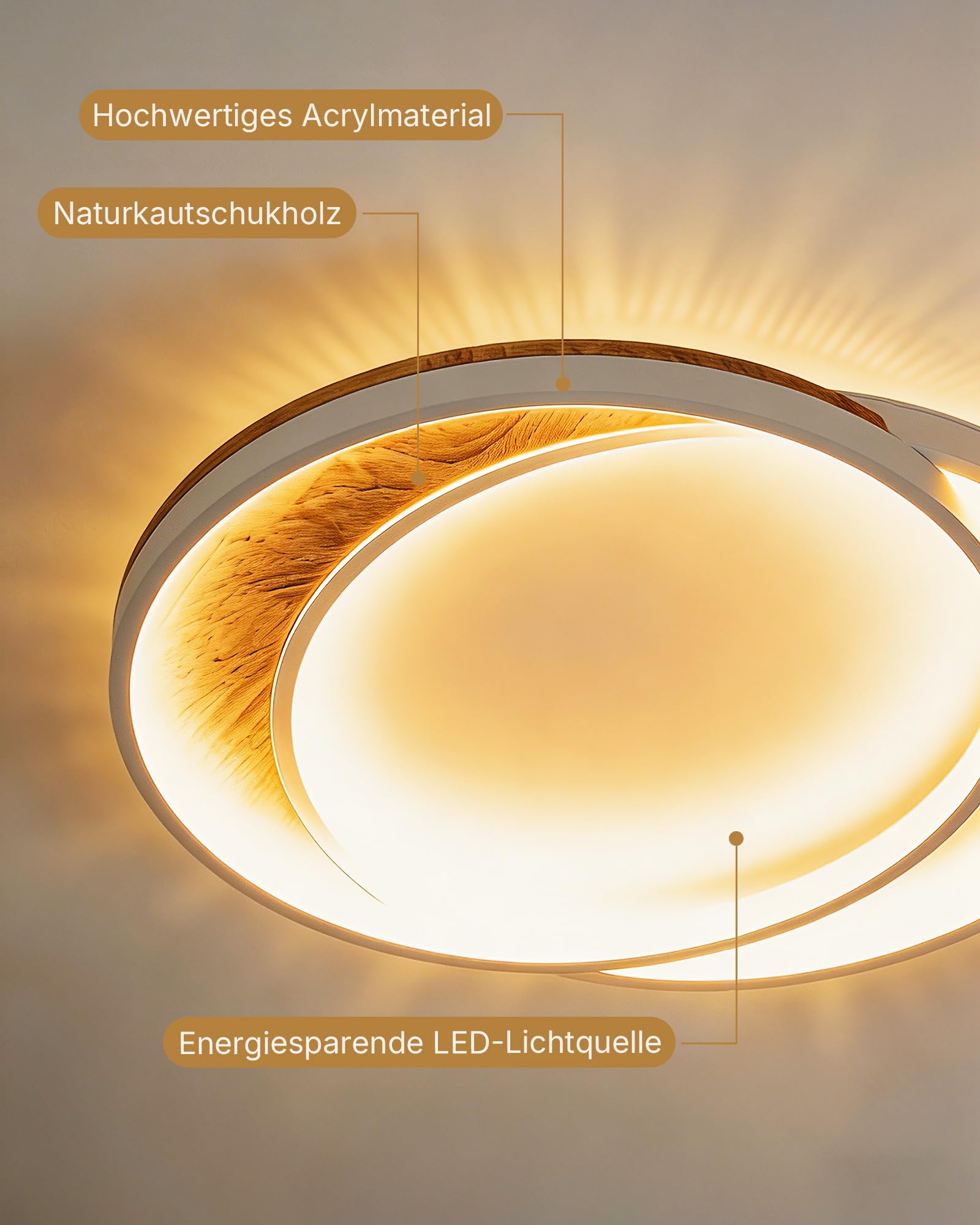 Deckenlampe Wohnzimmer LED Deckenleuchte Massivholz 36 cm, 2 Ringe, 32W, dimmbar Fernbedienung, Nachtlicht & Memory-Funktion, Moderne Deckenbeleuchtung für Schlafzimmer, Küche, Flur, Esszimmer, Büro