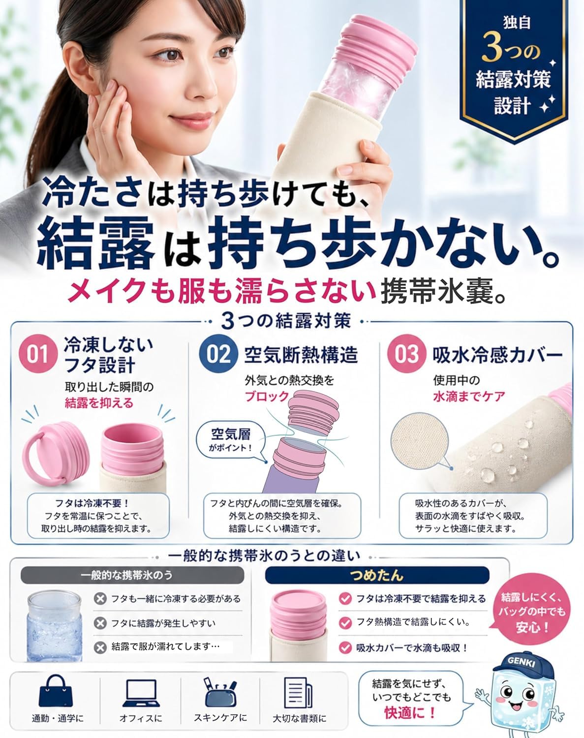 【GENKI ICE】氷嚢 水筒型 氷のう 魔法瓶 [-5℃凍結保冷ジェル] 結露しない 水不要 携帯 アイスパック 熱中症対策 グッズ 暑さ対策 冷却グッズ スティック アイシング (緑x青) - 3