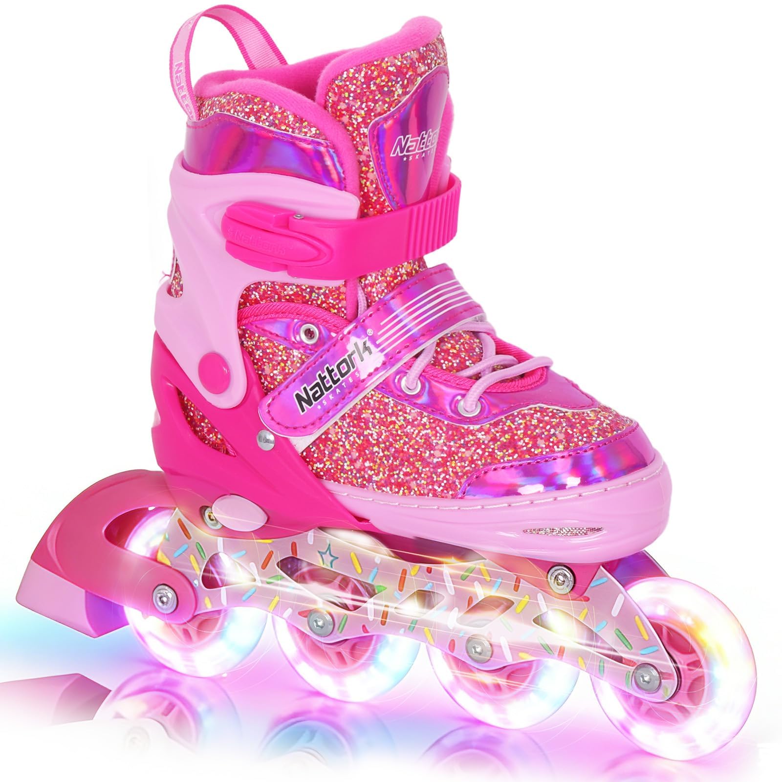 Nattork Kids Inline Skates for Girls Kids, 4 Sizes Adjustable Girls Blades Roller for Ages 3-12 with Light up Wheels & Safety Protection - Cool Birthday Gift for Indoor Outdoor Sports