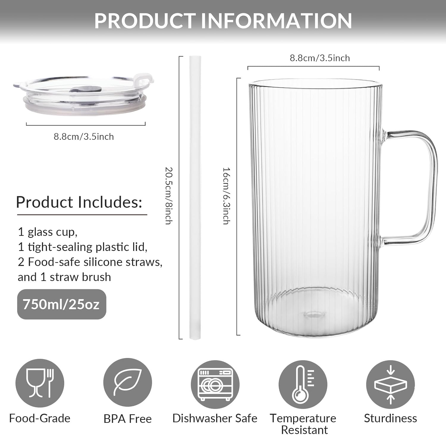 Puraville 25oz Glass Cups with Lids and Straws, High Borosilicate Ribbed Drinking Glasses Tumbler with Handle for Iced Coffee, Glassware Mason Jar Smoothie Cup for Long Drinks - Image 2