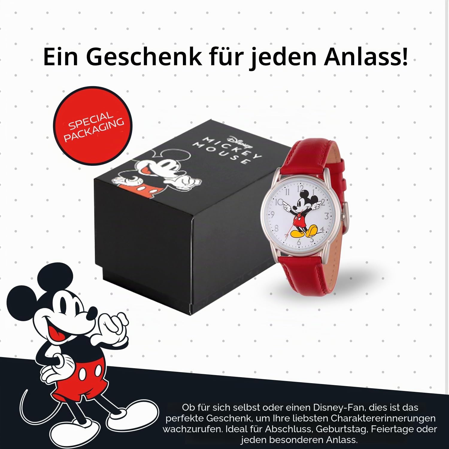 Disney Mickey Mouse Klassische Cardiff-Armbanduhr für Erwachsene, bewegliche Zeiger, Analog, Quarz, Lederarmband