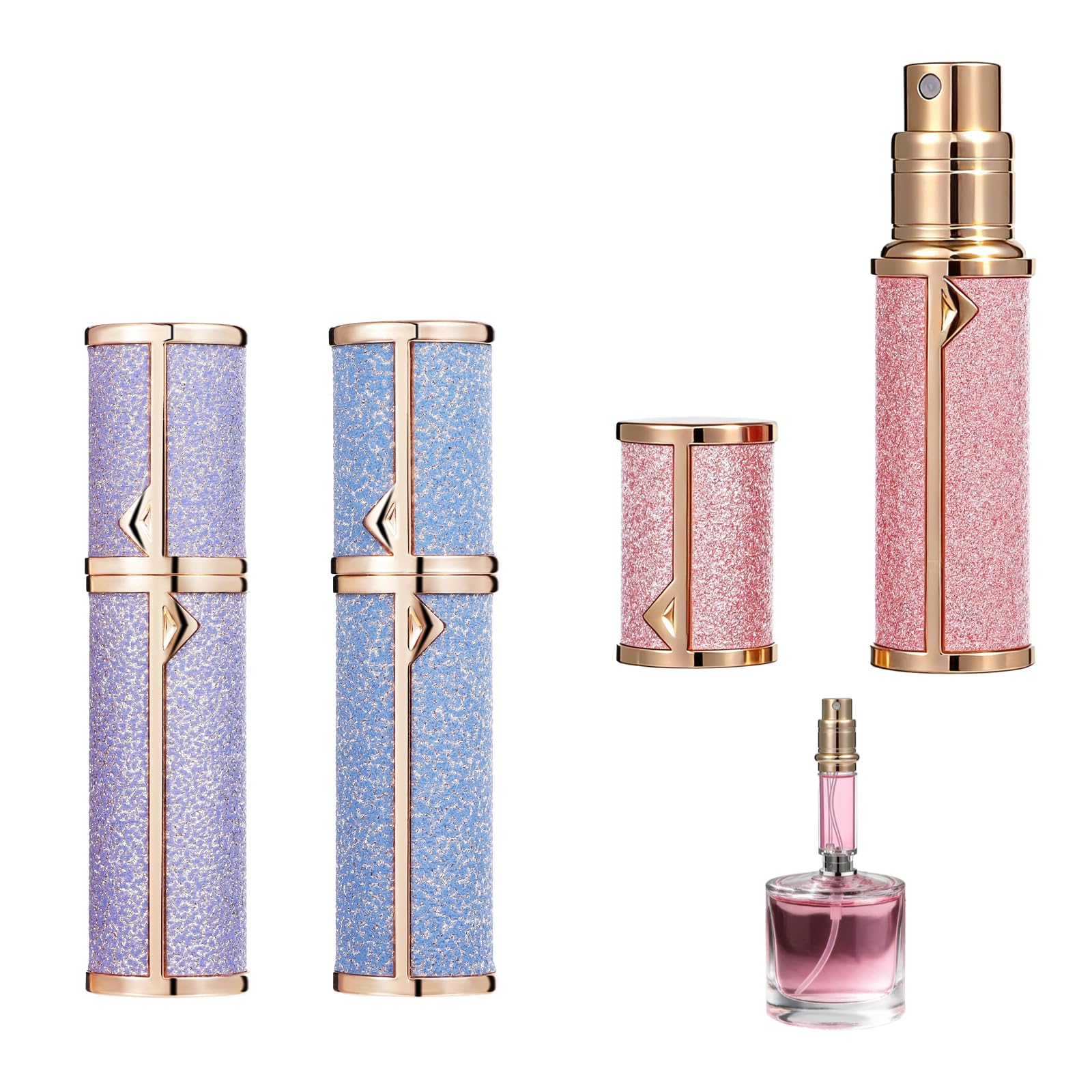 3 Stk. Reise-Parfümflaschen, 5 ml / 0,17 fl oz, tragbare nachfüllbare Mini-Parfüm-Zerstäuberflaschen mit Bodenbefüllung, Glitzer-Design, Pink, Lila, Blau