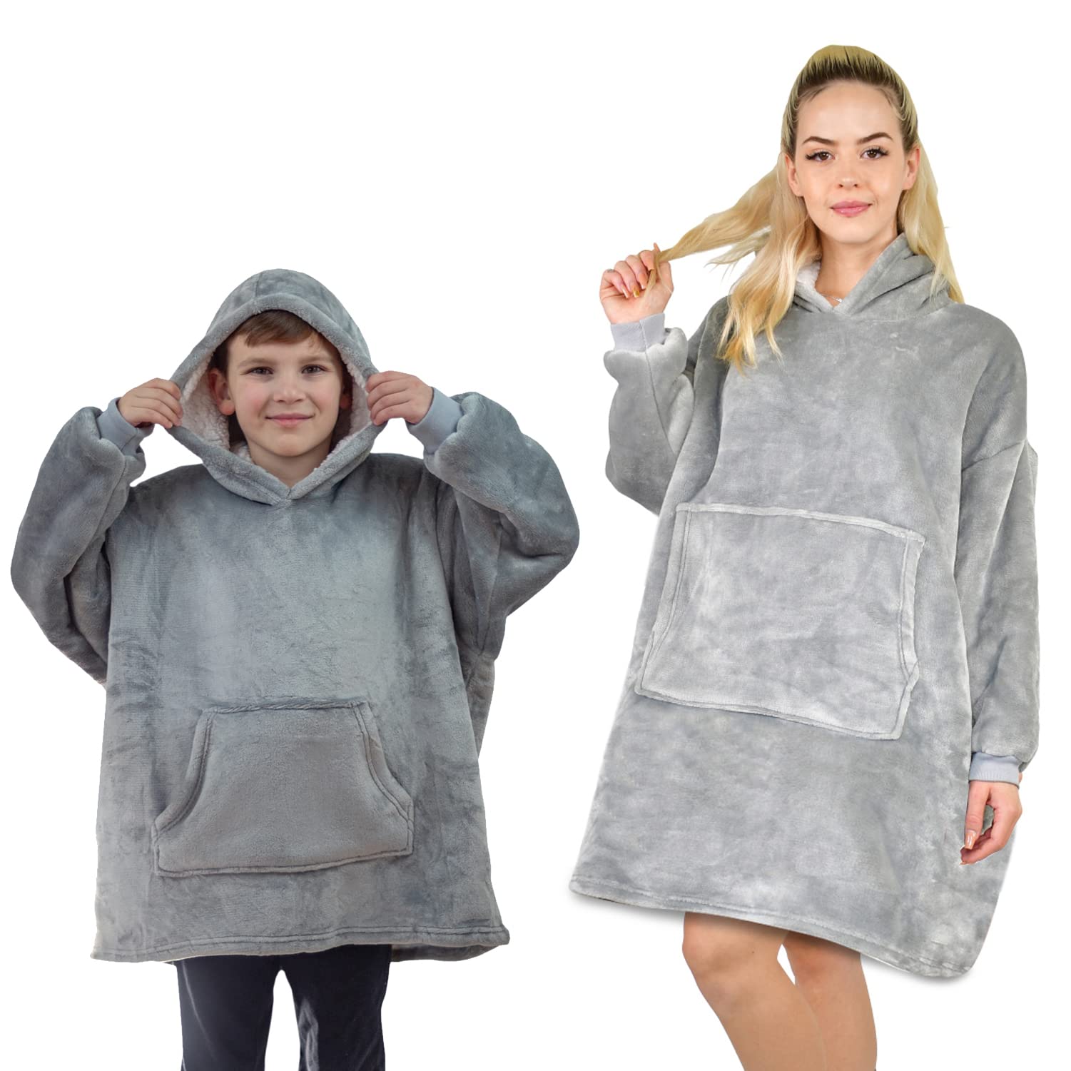 ALLEN & MATE Hoodie Blanket Ultra Soft Warm Cosy Sherpa Fleece Oversized Sweatshirt for Boys Girls Teens Women Men Adults (Grey, One Size)