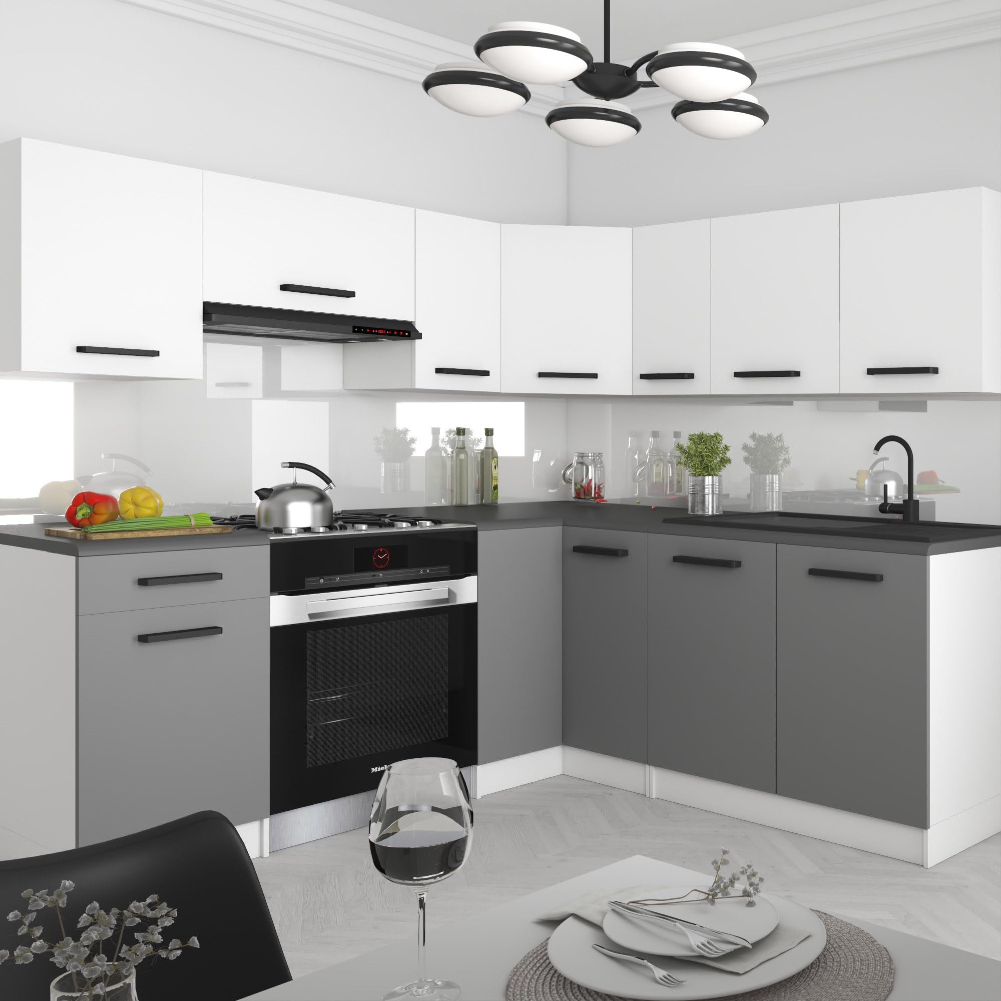 Belini Italia 6 Narożna szafka kuchenna 360cm biało-szara matowa | Narożna szafka kuchenna, białe skrzynki, ECONATURA DECOR odporna na zarysowania, bez sprzętu AGD, z blatem roboczym