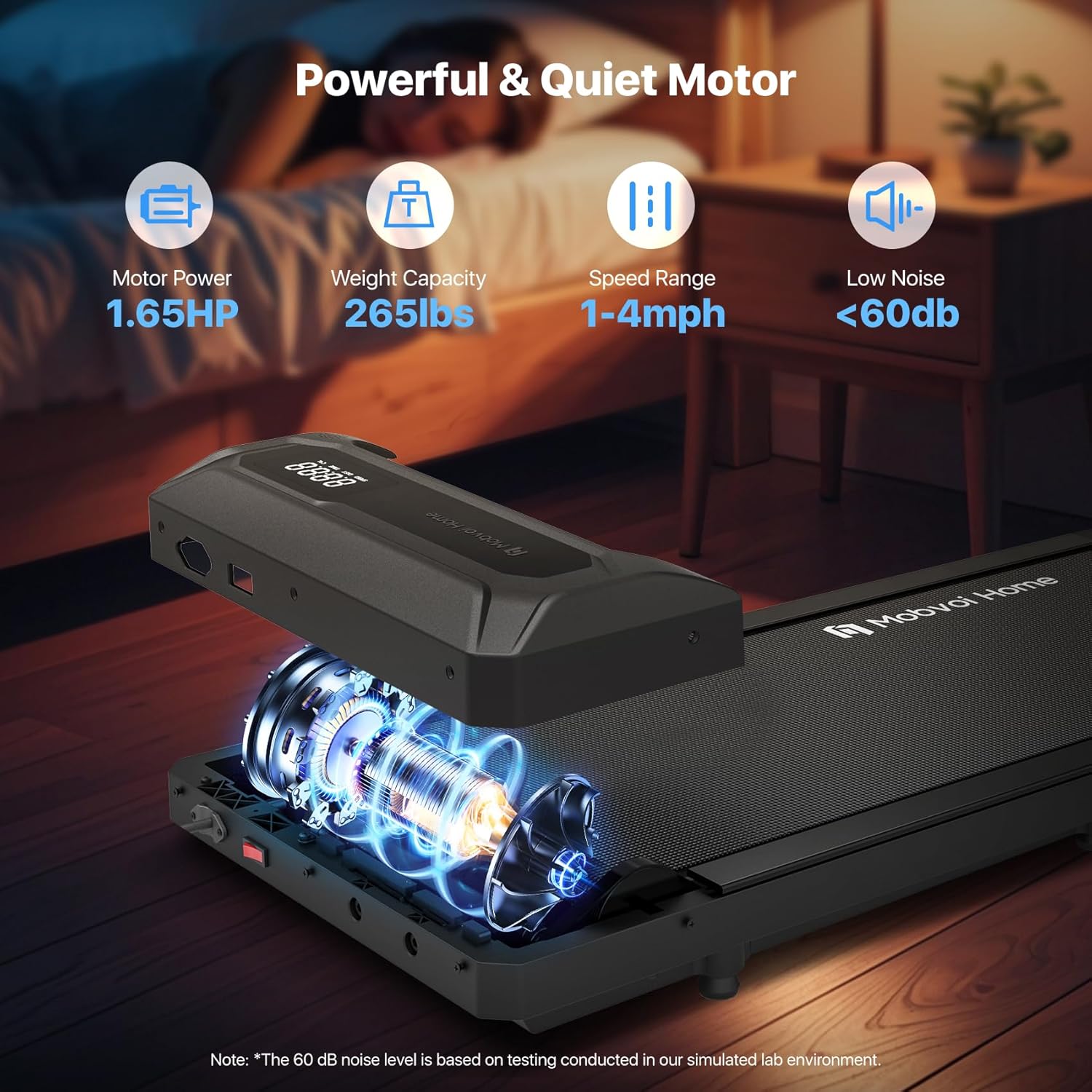 Diagram showing the powerful and quiet motor of the treadmill, highlighting 1.65HP, 265lbs weight capacity, 1-4mph speed range, and <60dB low noise.