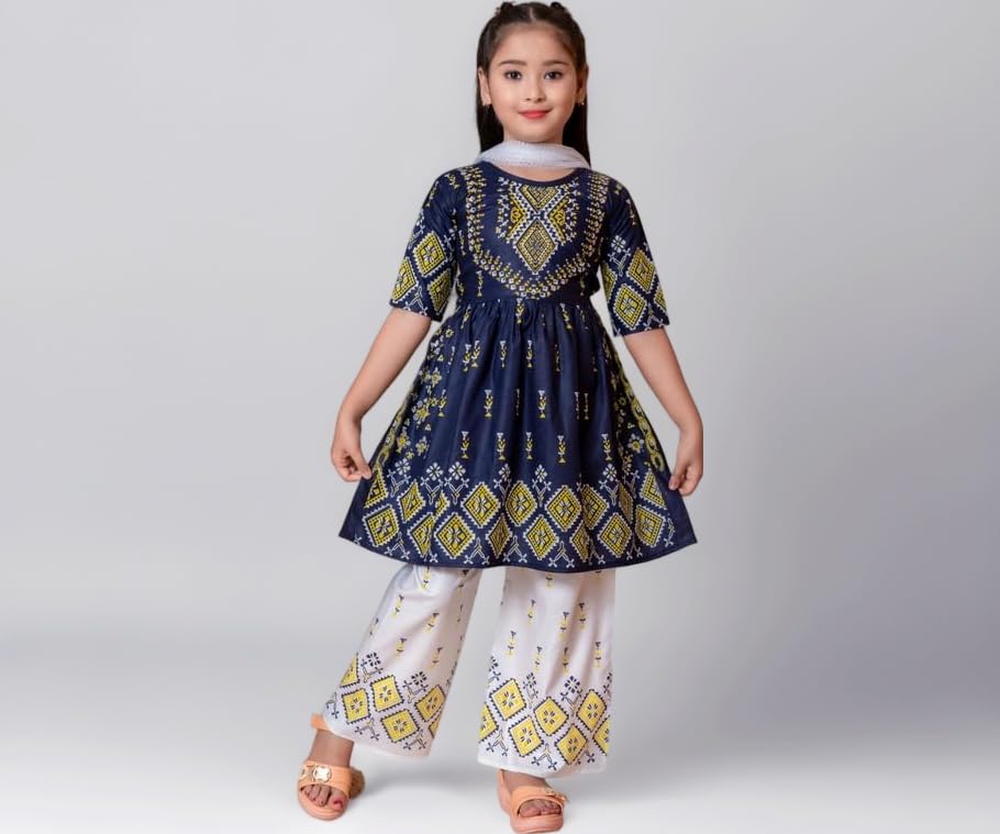 Girl's Ethnic Kurta and Straight Pant Set with Silky Dupatta