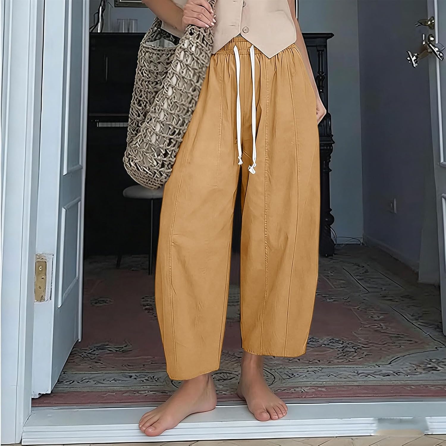 Cotton Linen Barrel Pants for Women High Waisted Wide Leg Pant Summer Casual Baggy Cropped Trousers with Pockets