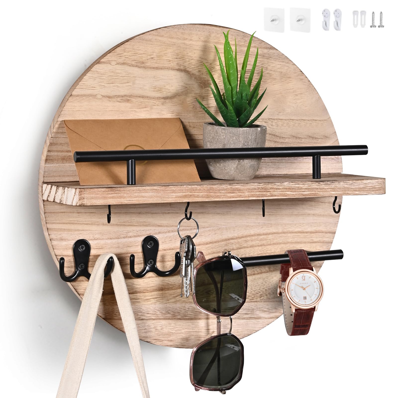 Dxiunove Wall Mounted Key Holder with Hooks,Round Key Organizer for Entryway, Rustic Wooden Key Hooks Wall Décor, Space-Saving Key Holder Shelf for Home Office, Keys Holder & Mail Station (Wood)
