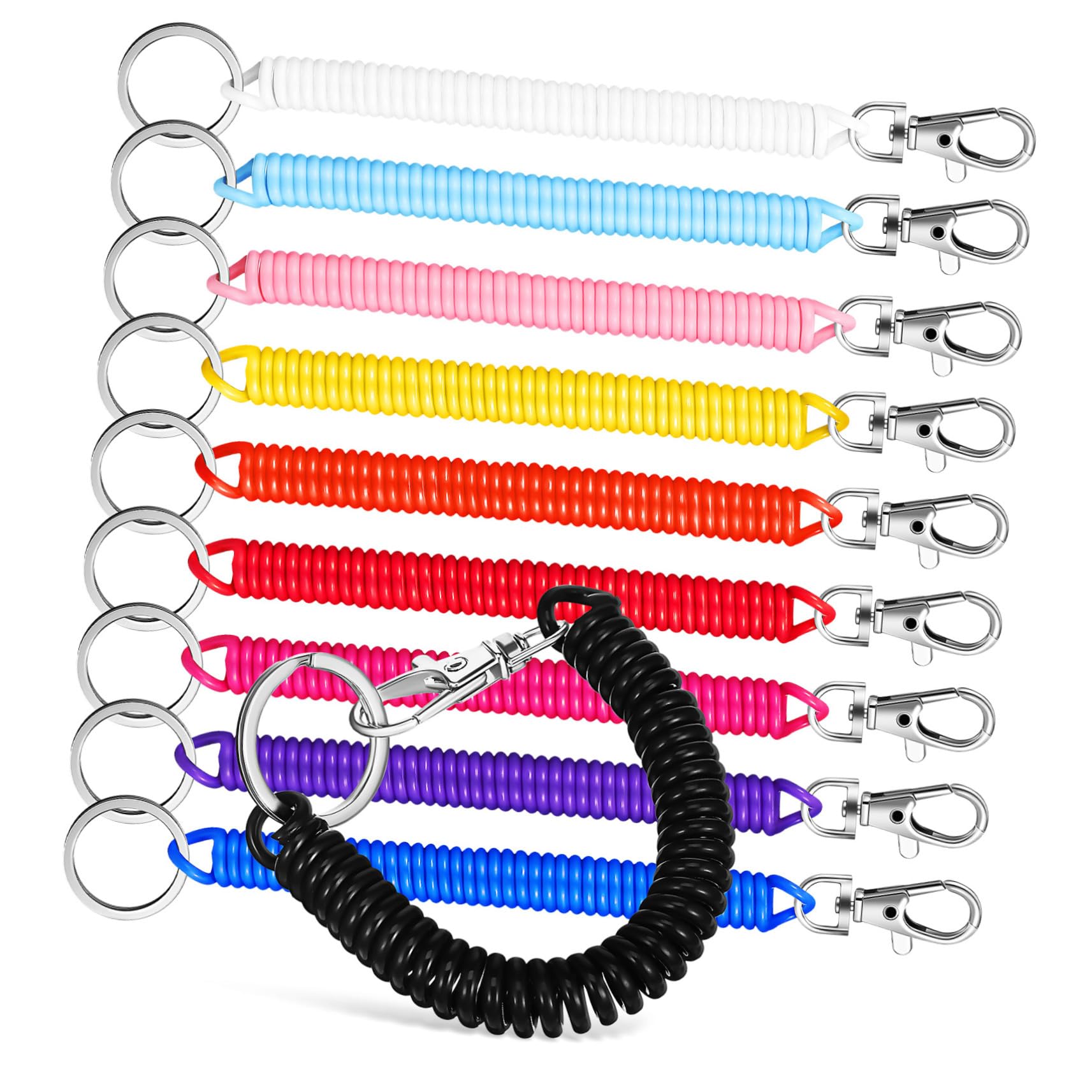 Llavero Espiral Resorte Retráctil de Plástico, 10 Piezas | Mosquetón y Anilla Metálica, para Llaves y Pequeños Objetos, Formato Práctico para Llevar