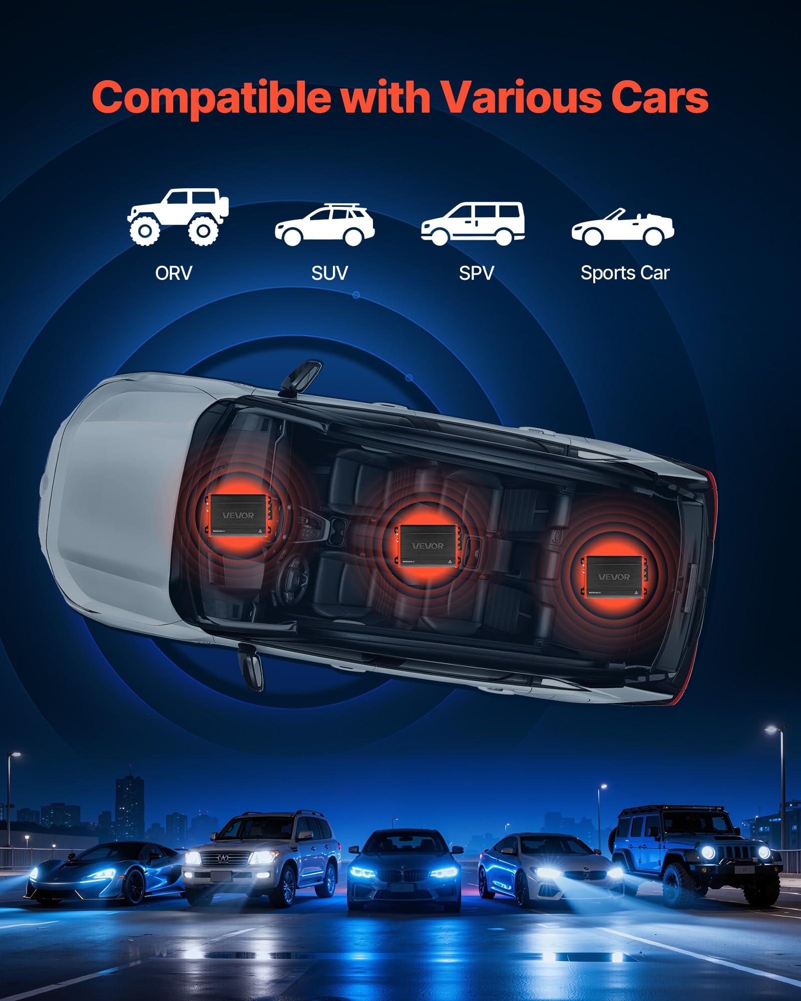 VEVOR Amplificador para Automóvil 4 Canales Puenteable Clase D, Máximo 4 x 120W a 4 ohmios y 4 x 200W a 2 ohmios, Amplificador Estéreo de Audio para Coche para Vehículo Todoterreno Camioneta SUV Sedán