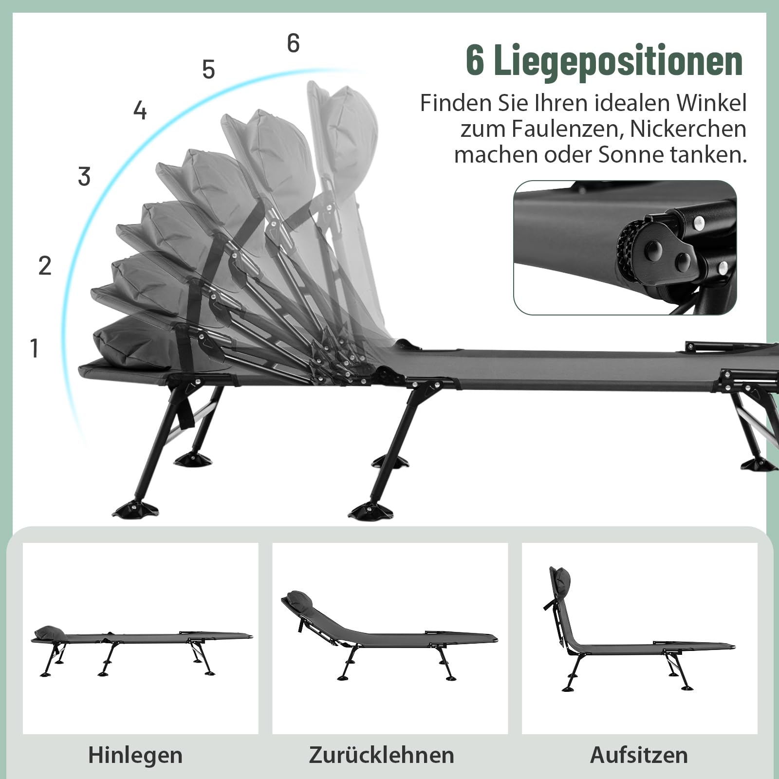 GOPLUS Karpfenliege, Angelliege bis 200kg belastbar, Campingliege Campingbett klappbar mit 6-Fach Verstellbarer rückenlehne & großen Schlammfüßen, Feldbett Klappbett für Angeln Camping