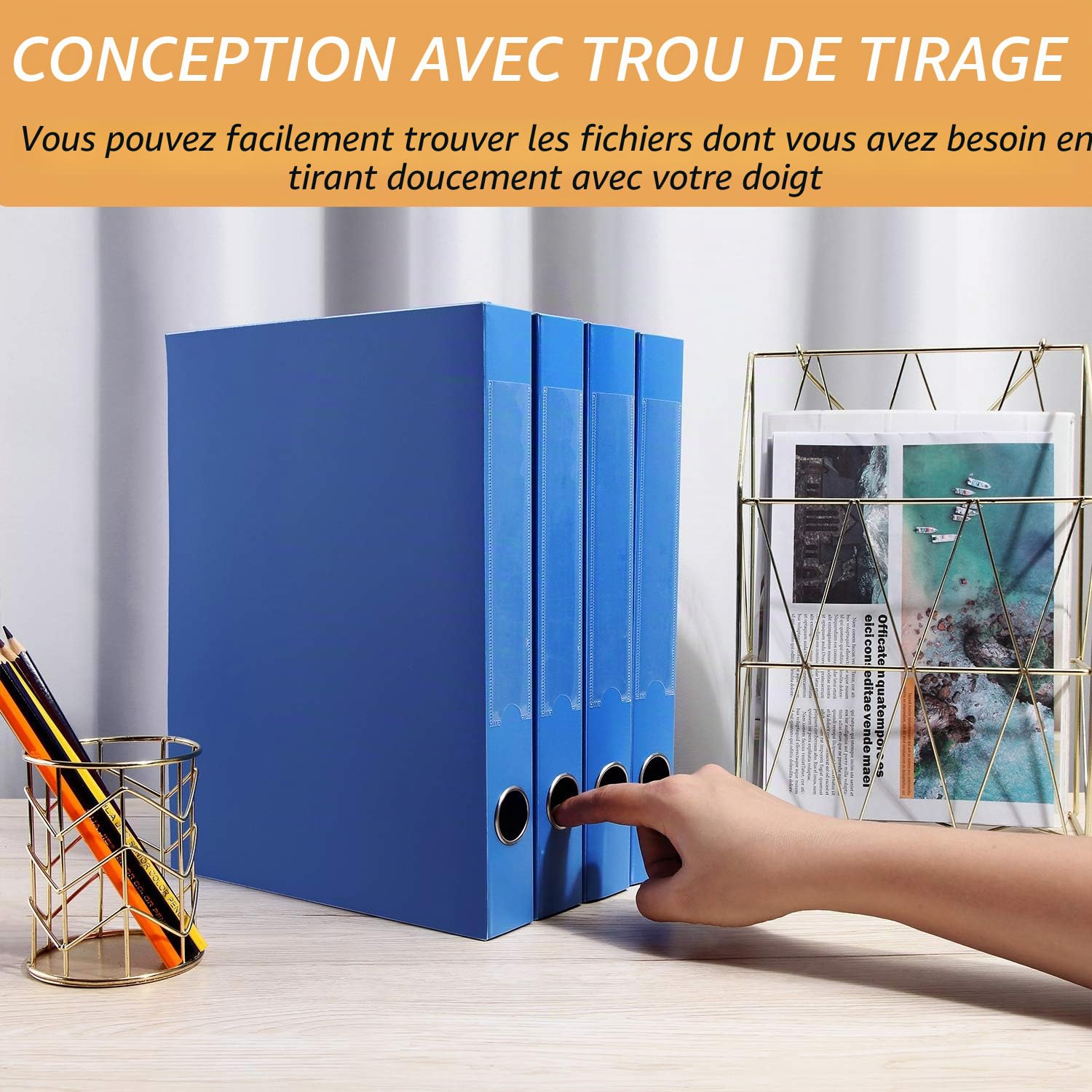 DONGLI Lot de 4 boîtes de classement A4 en plastique,40 mm-Bleu | boîte de rangement avec couvercle pour bureau,et maison