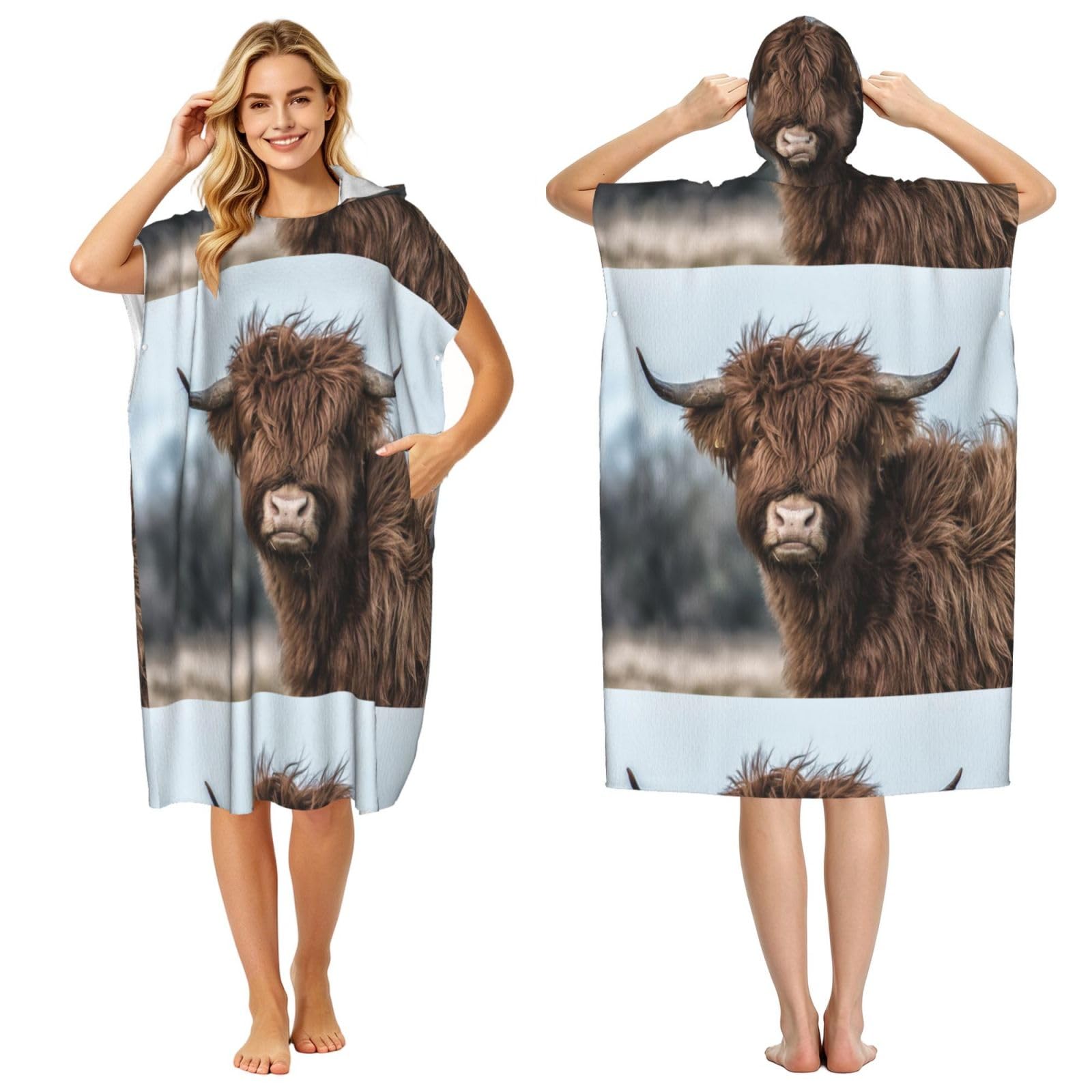 Poadnly Highland Cow Scottish Wildlife, Adult Hooded Beach Towel 90 x 110 cm,Changing Bath Robe, Surf Poncho Towel For Women Men