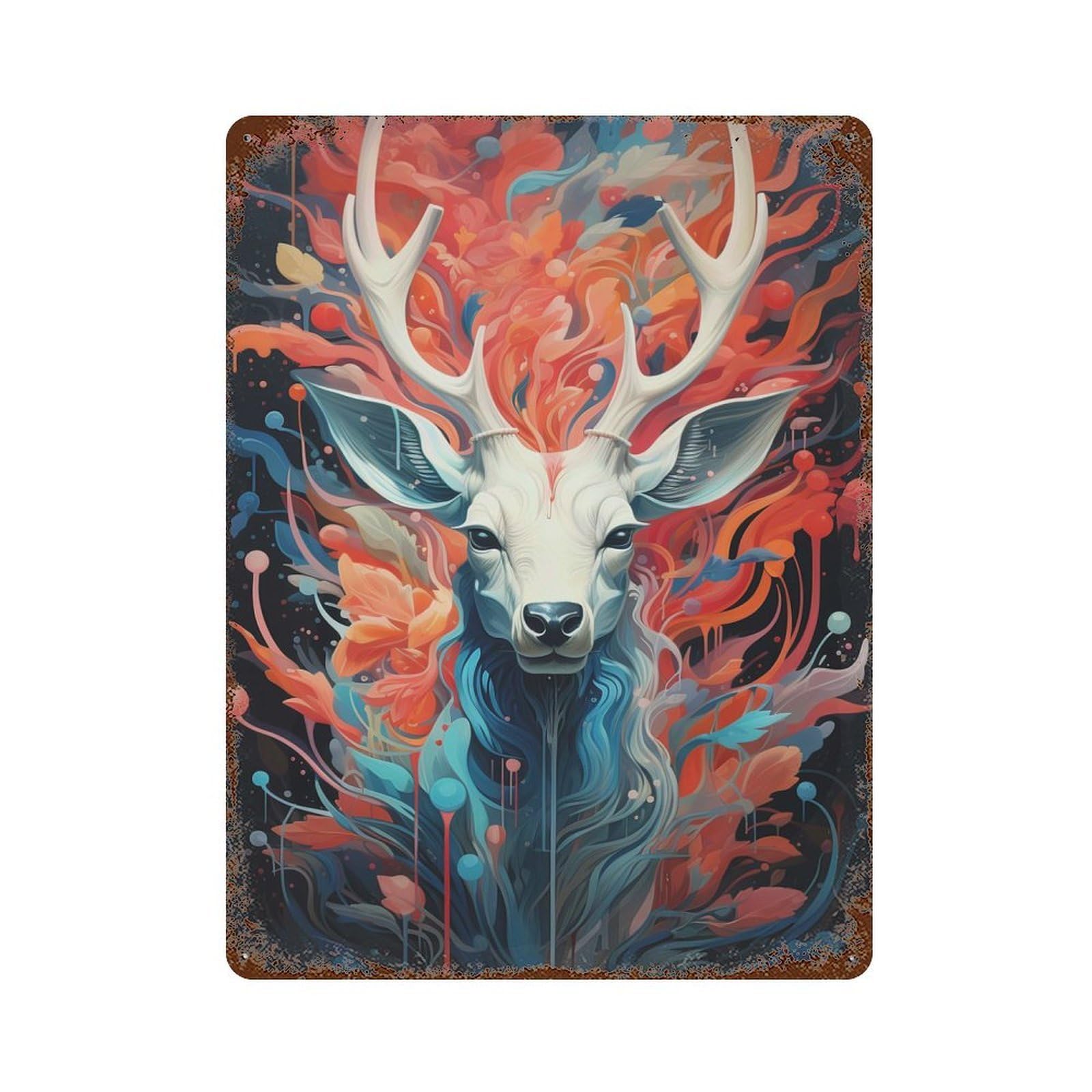 Abstract Deer Portrait with Floral Elements Rusty Metal Tin Sign 15.7"x11.8", for Shed, Workshop And Garage Wall Decor, Shabby Chic Decor