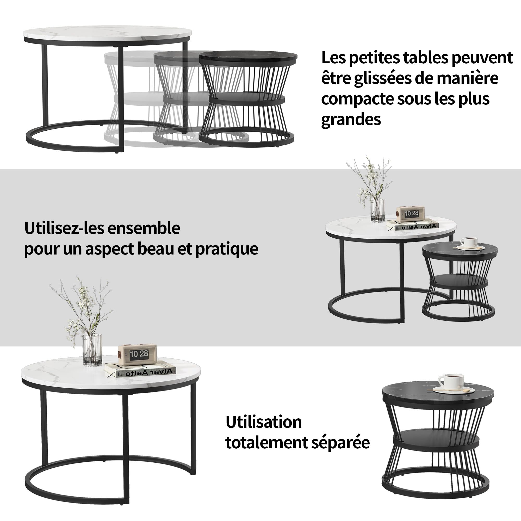 2 en 1 Table Basse Effet de Marbre Ronde Gigognes Design Moderne avec Rangement Cadre en Métal Blanc Ronde Table D'appoint pour Salon Chambre Bureau Balcon (Noir + Blanc)