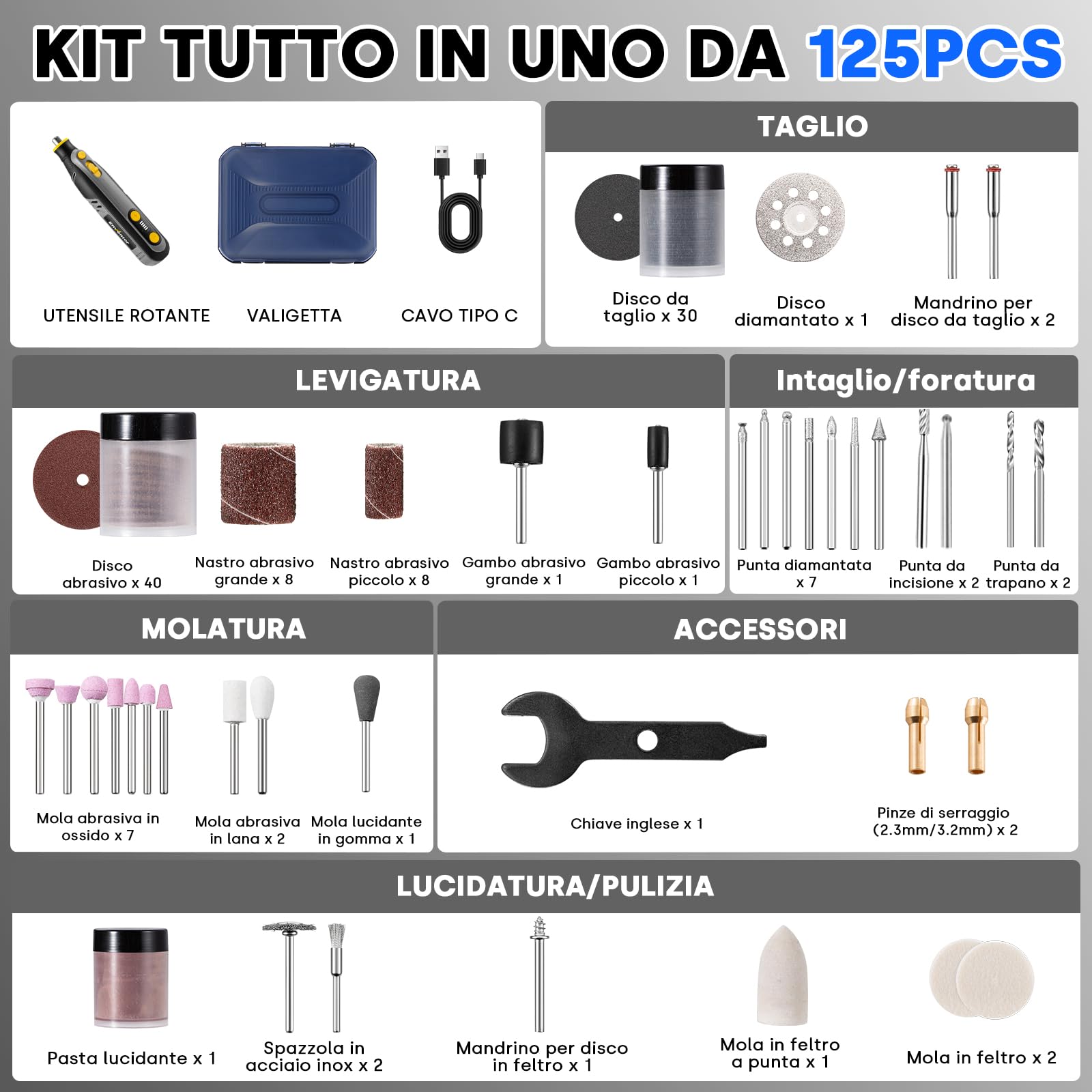 Enventor Mini Utensile Rotante Multifunzione a Batteria 8V, Mini Trapano Elettrico 124 Accessori, 5 Velocità Regolabili, 5000-30000RPM, Ricarica USB, per Incisione, Smerigliatura, Lucidatura