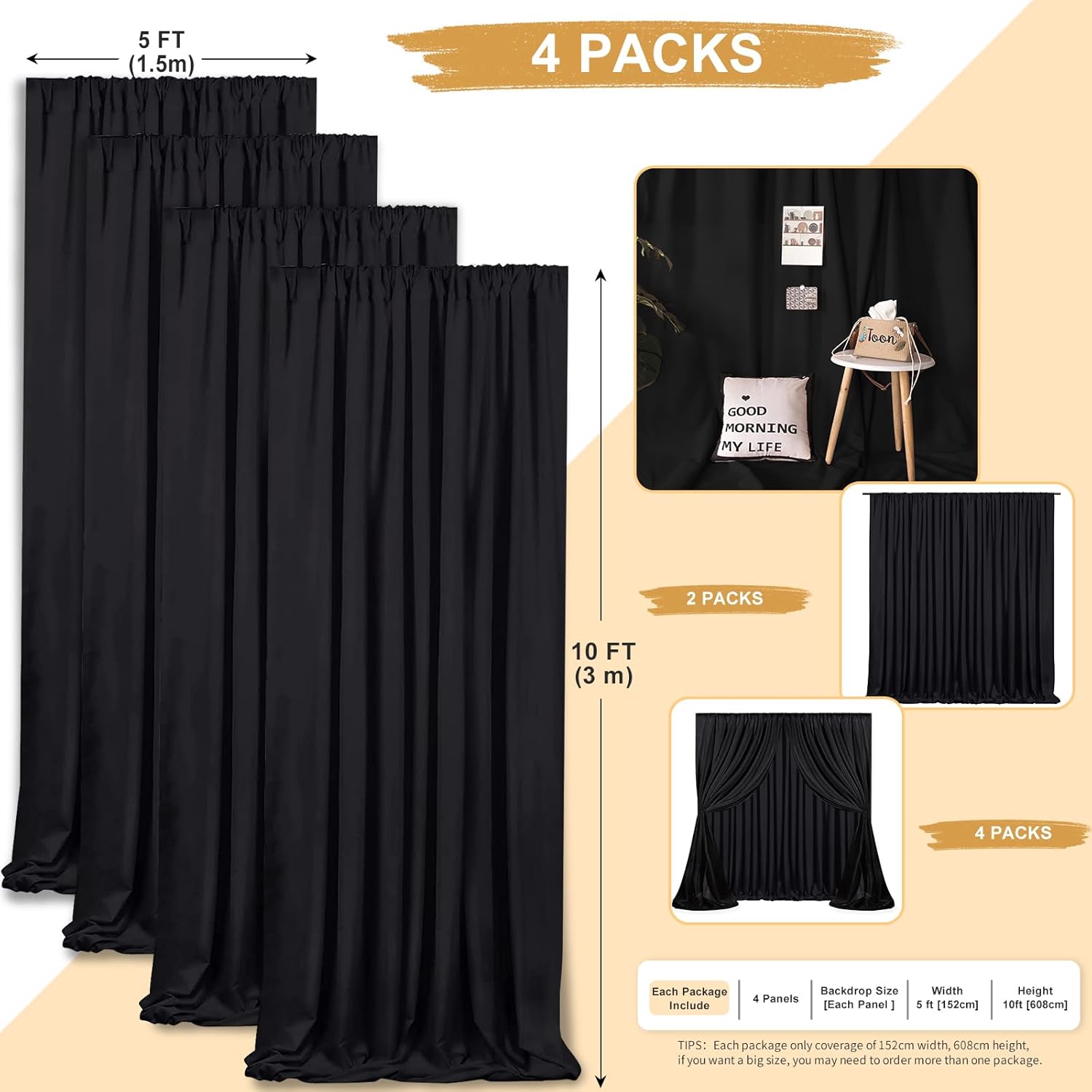 Black Backdrop Curtains 20x10 FT Polyester Photo Backdrop Drapes for Wedding Birthday Party Background Decoration 4 Panels 5ft x 10ft