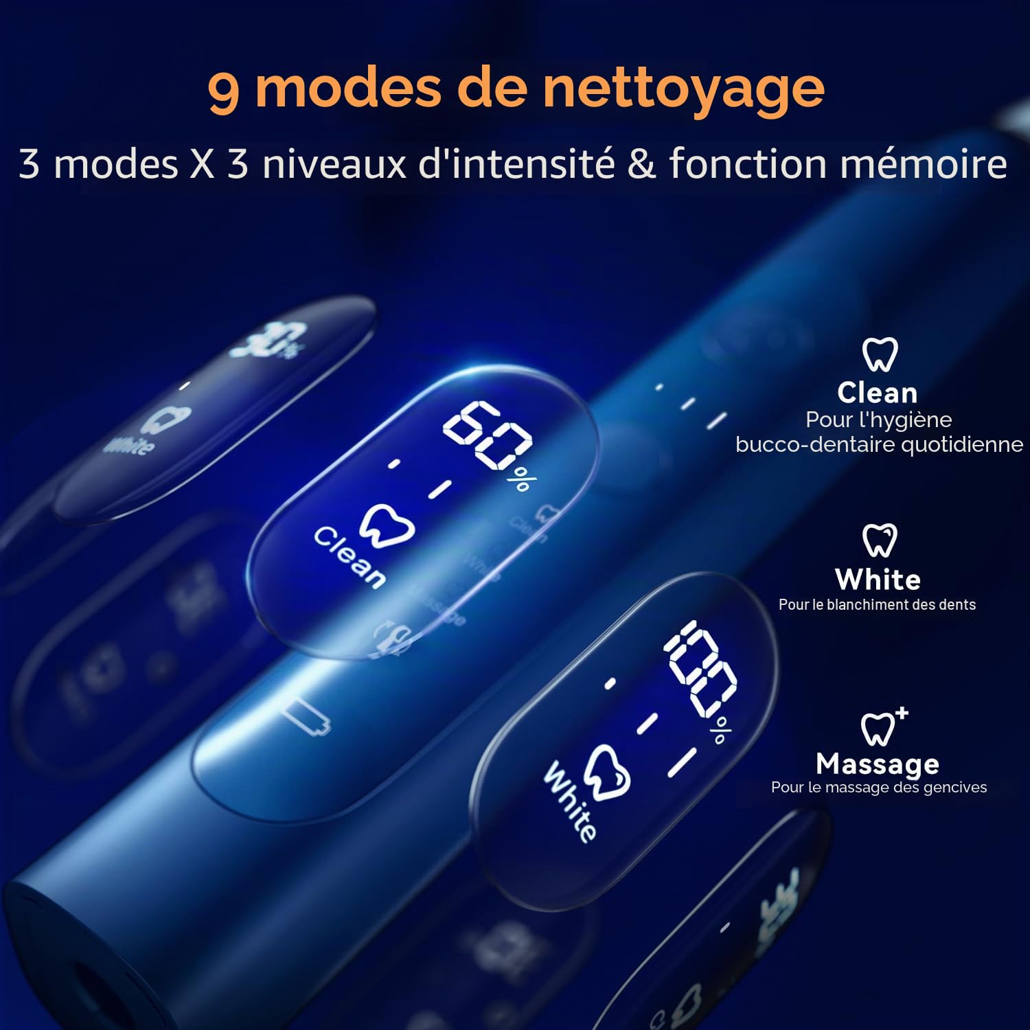 Seago Brosse à dents électrique, avec station de charge sans fil, brosses à dents à ultrasons et étui de voyage, minuterie de 2 minutes, 3 modes, 3 intensités, 8 têtes de brosse, SG-982 (Bleu)