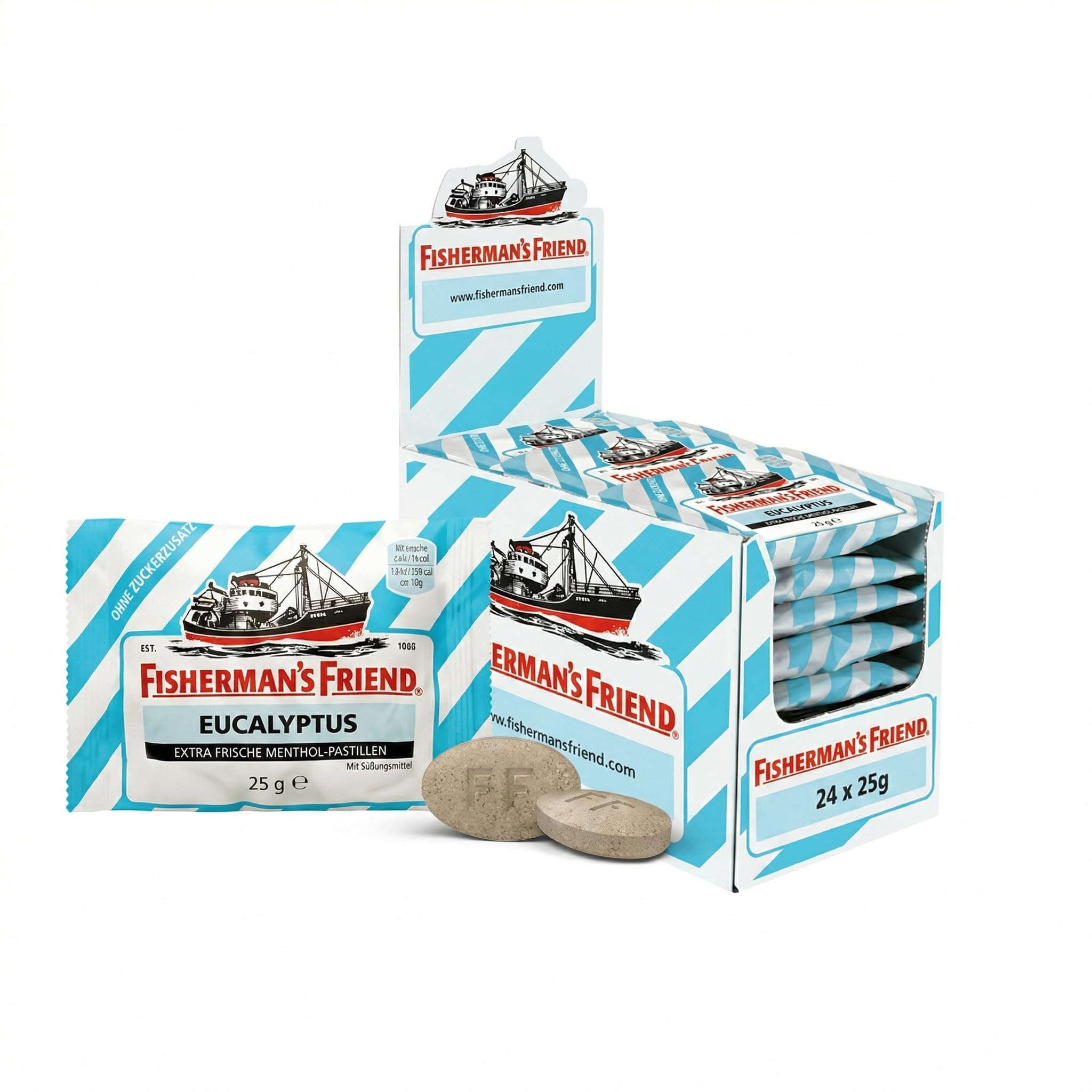 Fisherman's Friend Eucalyptus, 24er Vorratsbox, Eukalyptus und Menthol Geschmack, ohne Zuckerzusatz & vegan, Bonbons für frischen Atem, 24 x 25g