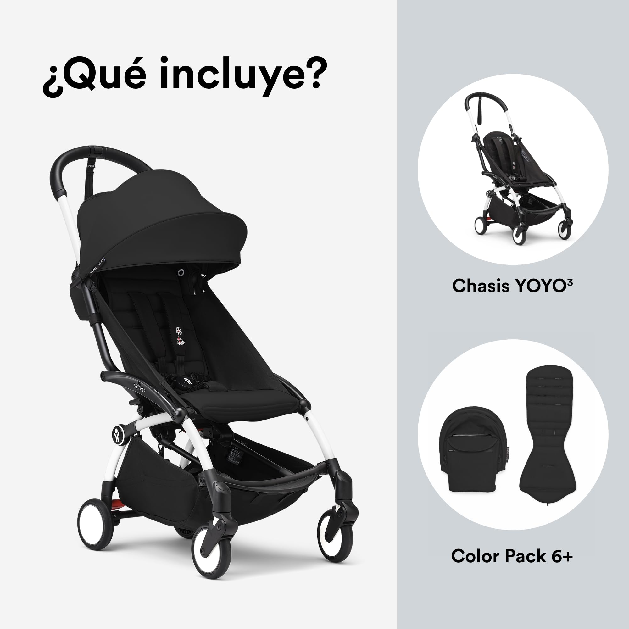 Cochecito Stokke YOYO3 a partir de 6 meses - Incluye chasis blanco / cojín de asiento negro + dosel - Se pliega y despliega en un instante - Ligero y compacto - Compatible con equipaje de mano