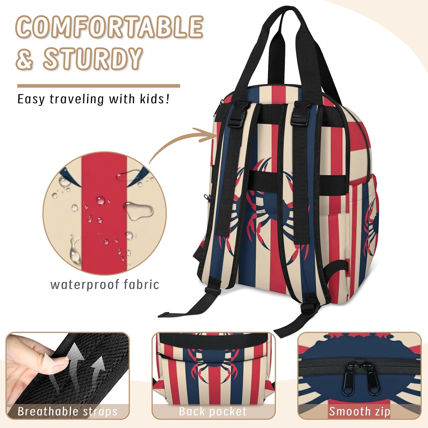 Crab Coastal Ocean Theme Diaper Bag Backpack Multifunctional Bag with Insulated Pockets, Travel Waterproof Daypack for Men Women with Stroller Straps