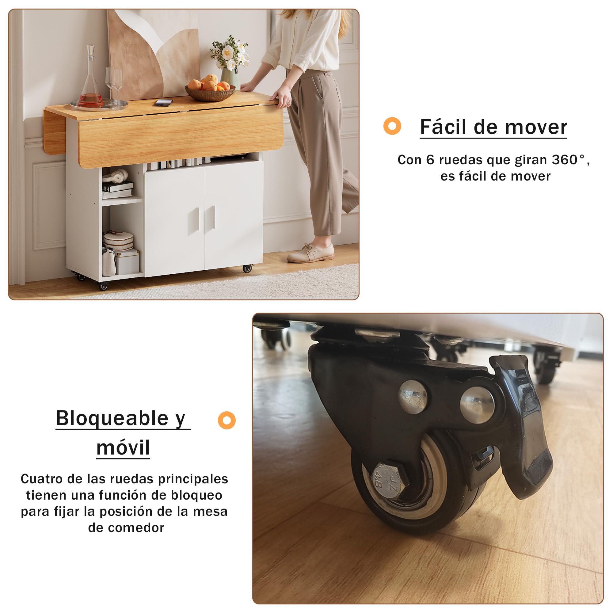 Mesa de Comedor Plegable Mesa de Cocina con Ruedas 1 Armario Grande y 3 Compartimento Abierto Aparador móvil Mesas para Espacios pequeños Comedor Cocina 100 x 70 x 79 cm Naranja y Blanco