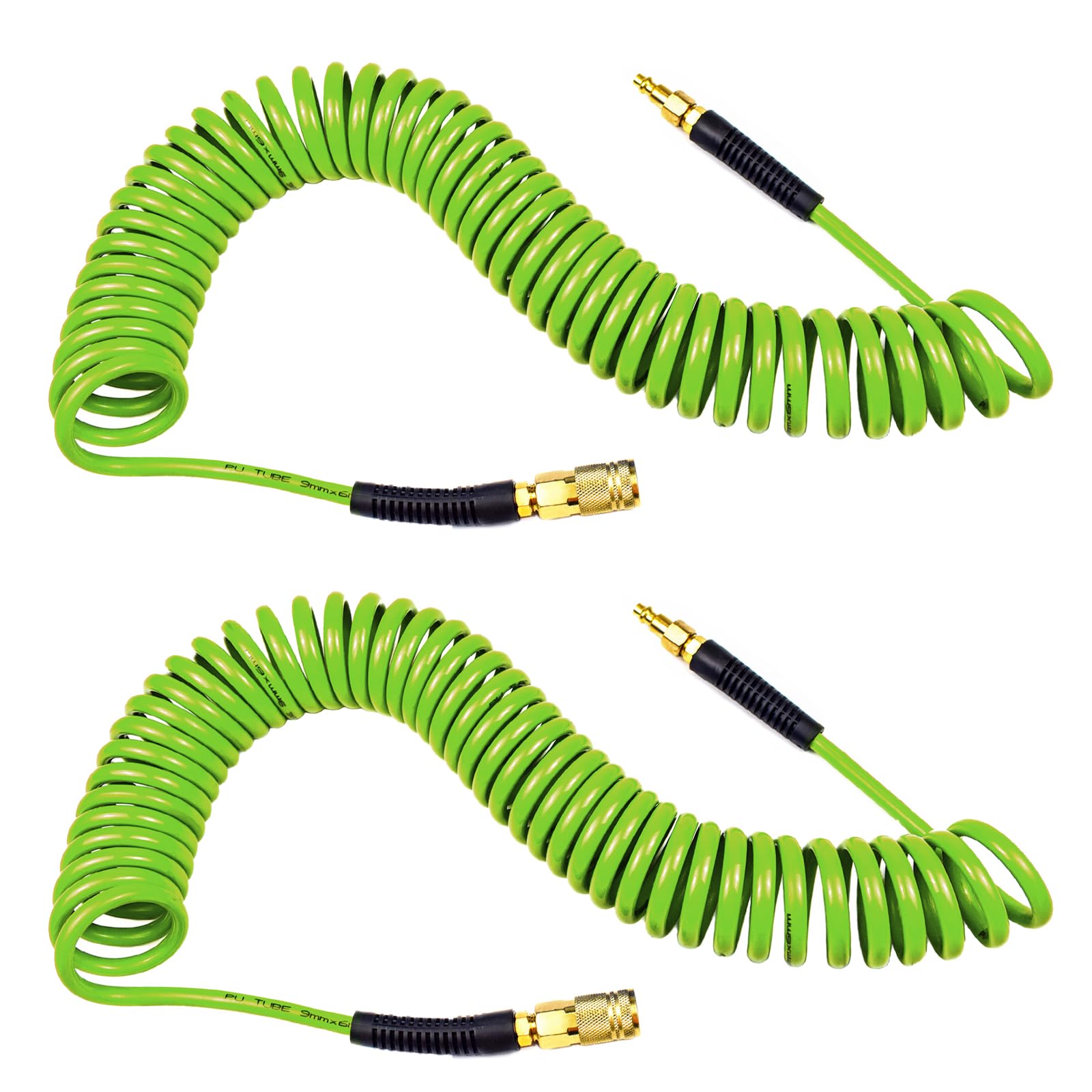 YOTOO Polyurethane Recoil Air Hose 1/4" Inner Diameter by 25' Long with Bend Restrictor, 1/4" Industrial Quick Coupler and Plug, Green. 2-Pack