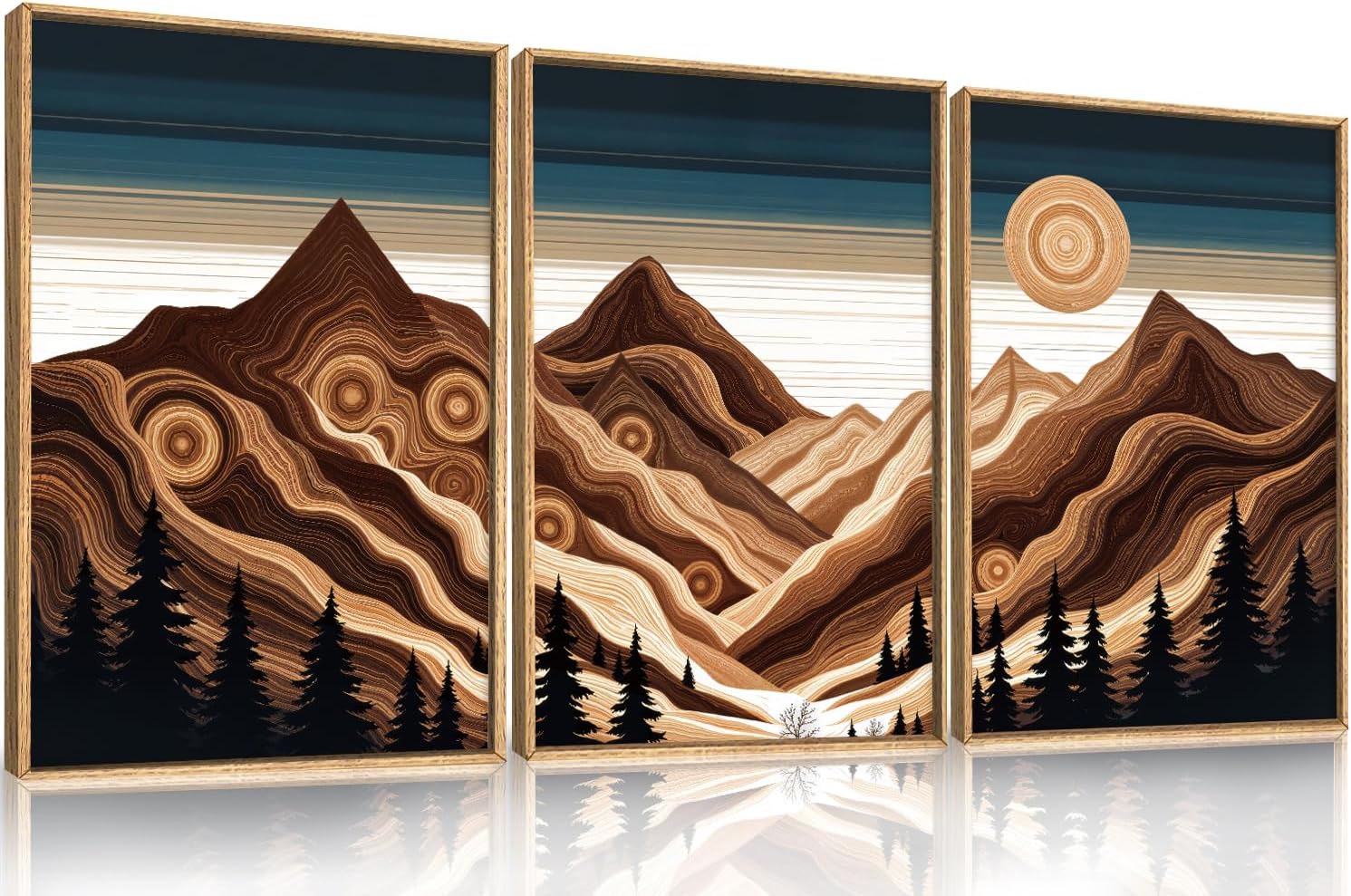 Large Abstract Mountain Woodcut Framed Canvas Wall Art,Modern Tree Ring Wall Decor,Sunrise Ridge Scenery Painting,Retro Desert Artwork for Living Room,Bedroom,Dining Room,Office -16"x24"x3 Abstract Mountain Wood Wall Art 24"L x 16"W