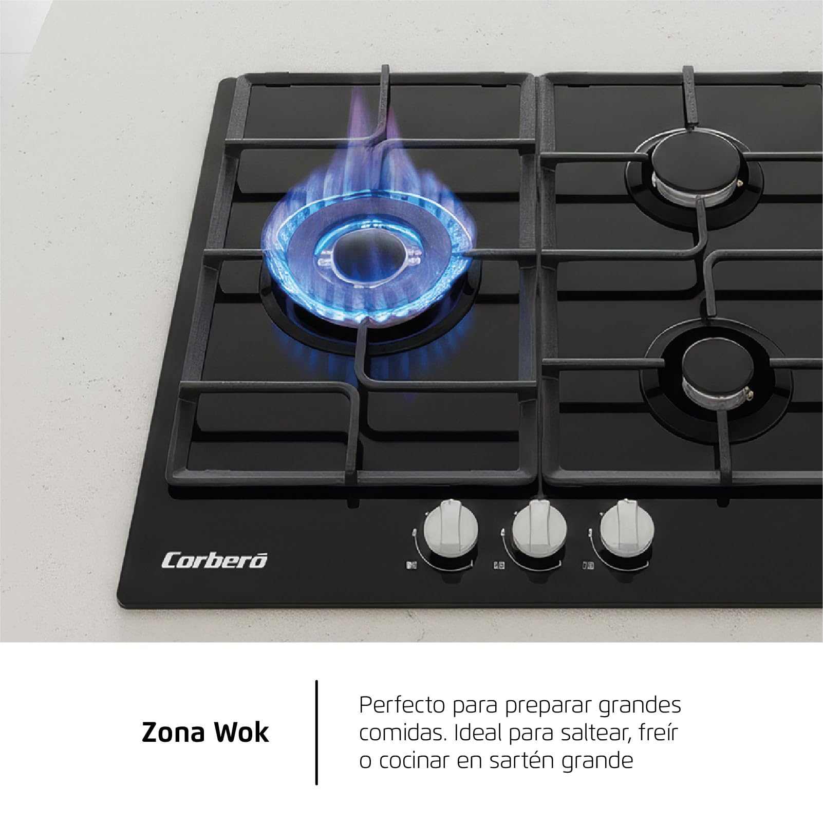 Corberó - Plaque gaz butane 60 cm| CPCGM3F3126N | Puissance 6,05 kW | 3 zones | Zone Wok | Auto-allumage | Couche de protection Clean+ | Arrêt automatique | Verre noir