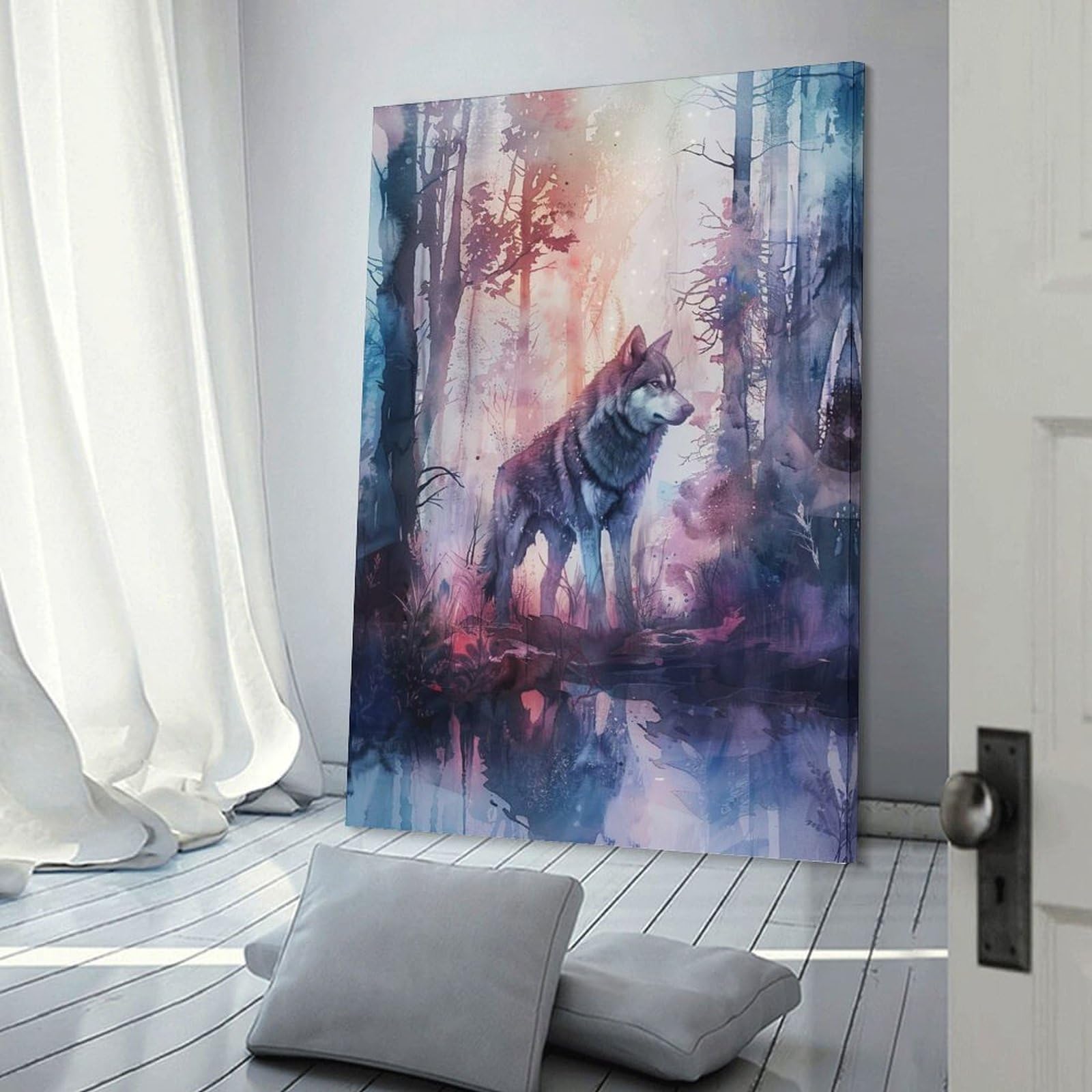 Junmoney Wall Picture Print Wolf in Misty Forest, 20x30inch(50x75cm), for Living Room, Lounge Or Sitting Room, A Home Accent with Warm Character