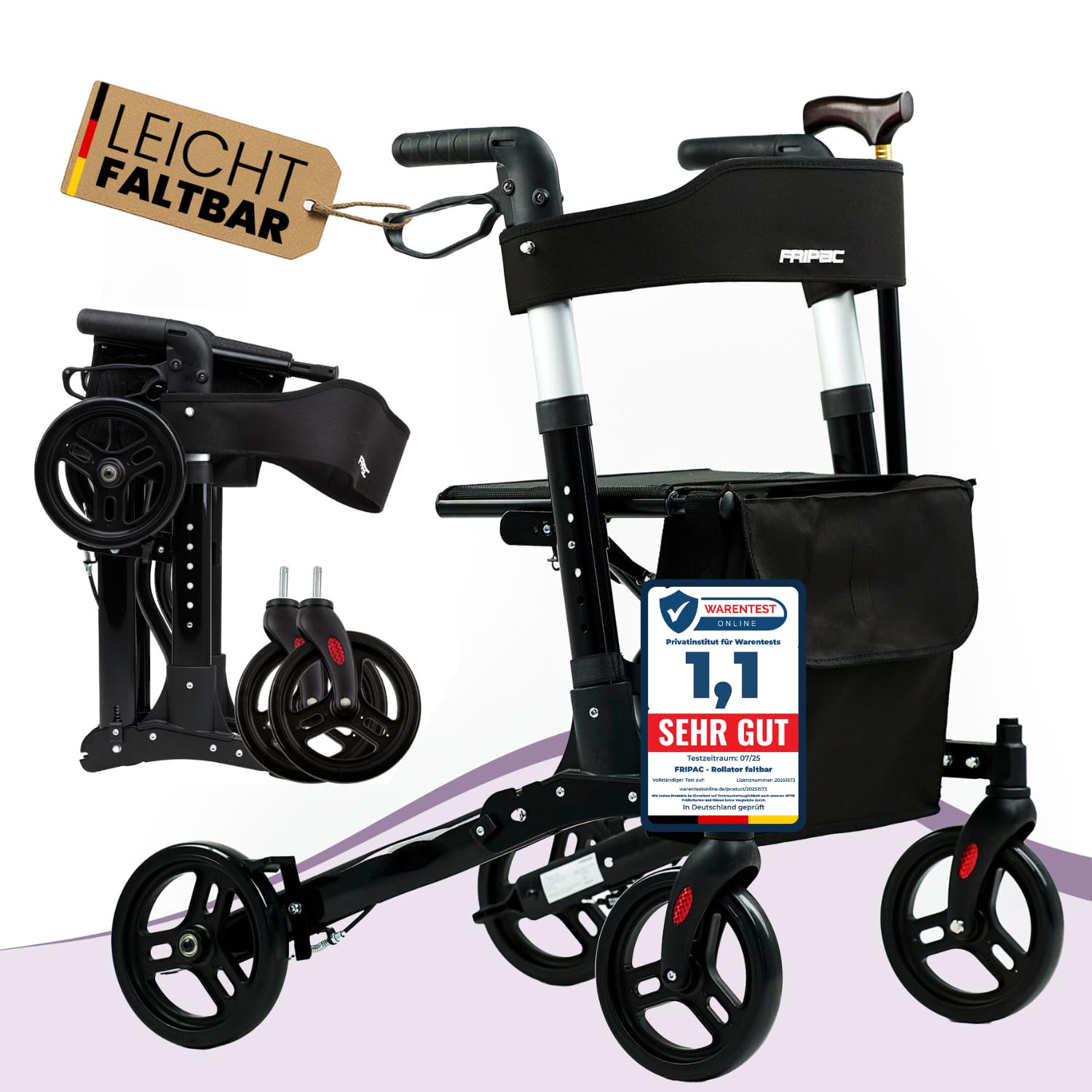 FRIPAC – Rollator faltbar und leicht mit Sitz – geeignet für Wohnung & Outdoor - Leichtgewichtrollator mit stabiler Aluminium-Konstruktion – sichere Gehhilfe für Senioren (Schwarz)