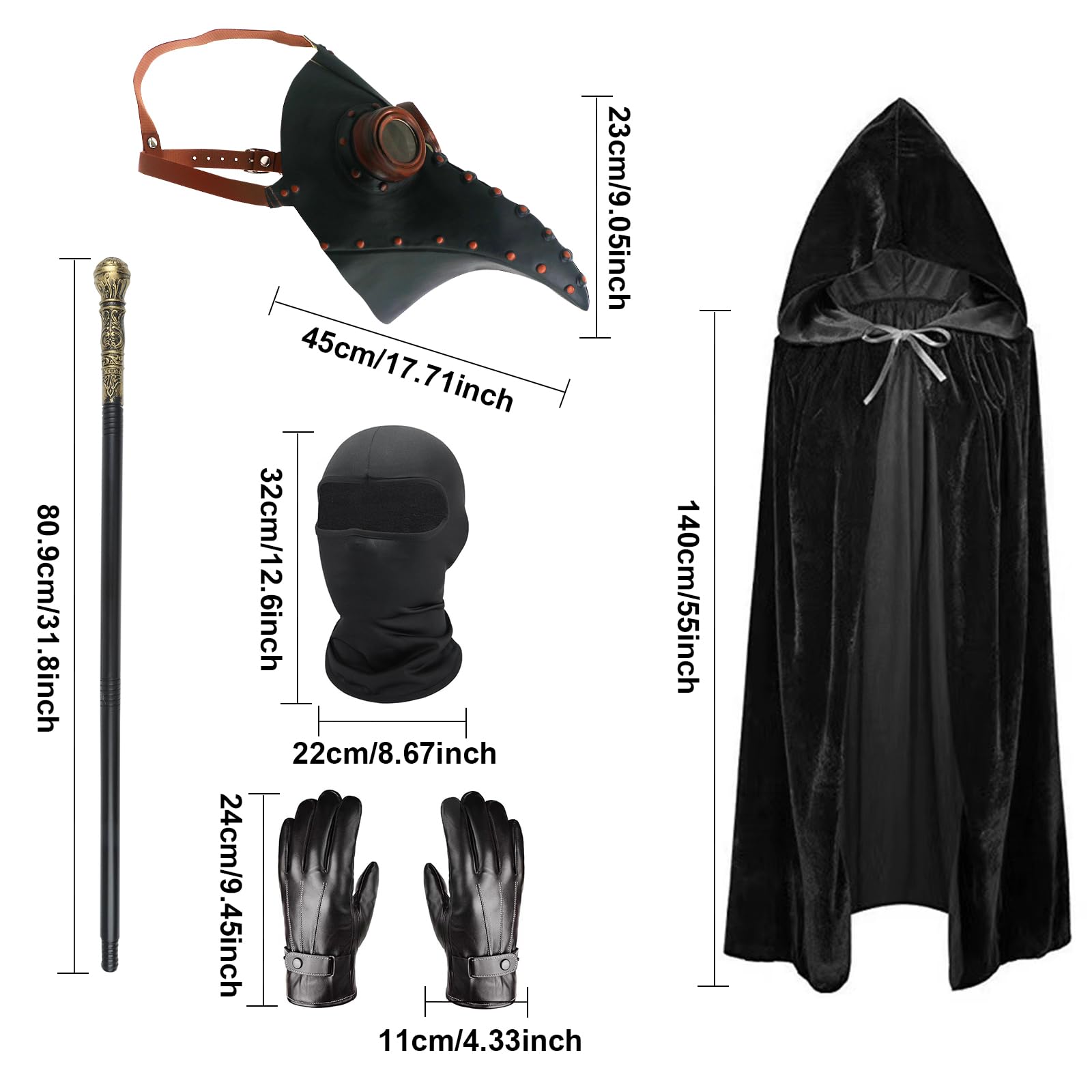 Plague Doctor Costume Set, Halloween Mask Long Nose Beak Mask Black with Black Hooded Cloak Cross Necklace Gloves Cane Full Face Mask for Halloween Party, Punk Carnival, Masquerade - Image 2